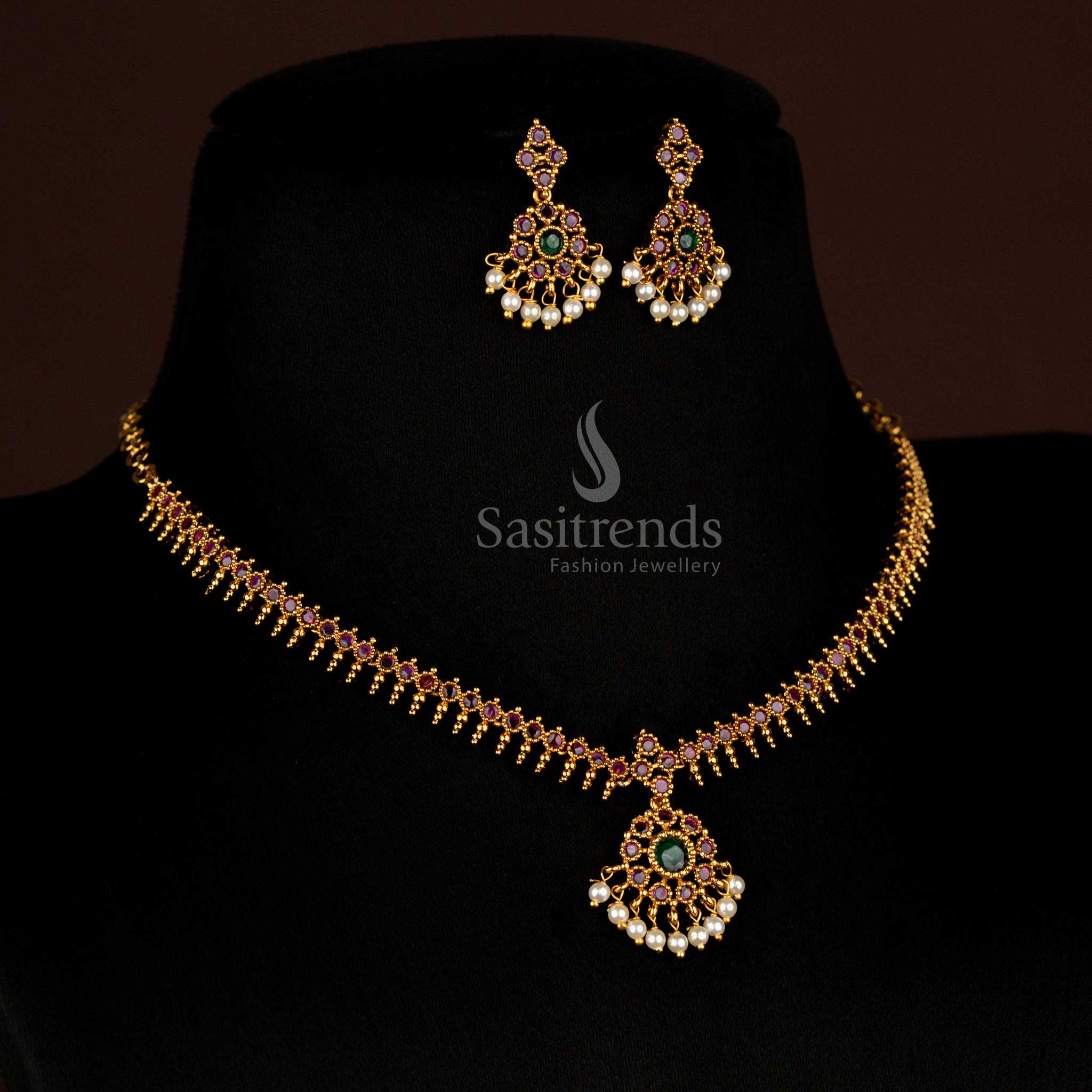 Opulent Temple Wear Matte Gold Plated AD Stone Studded Circular Floral Short/Long Necklace Jewellery Set - Image 10