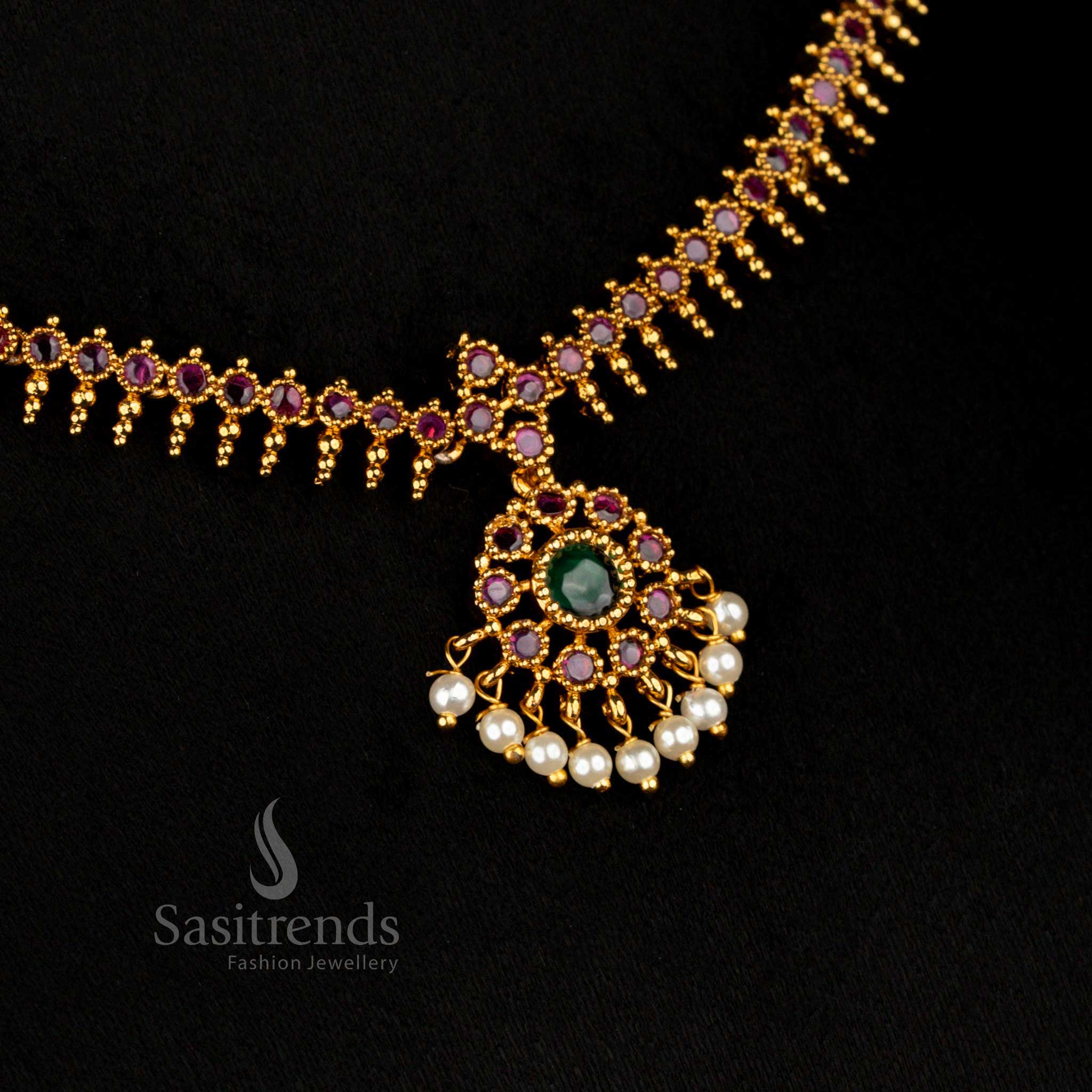Opulent Temple Wear Matte Gold Plated AD Stone Studded Circular Floral Short/Long Necklace Jewellery Set - Image 11