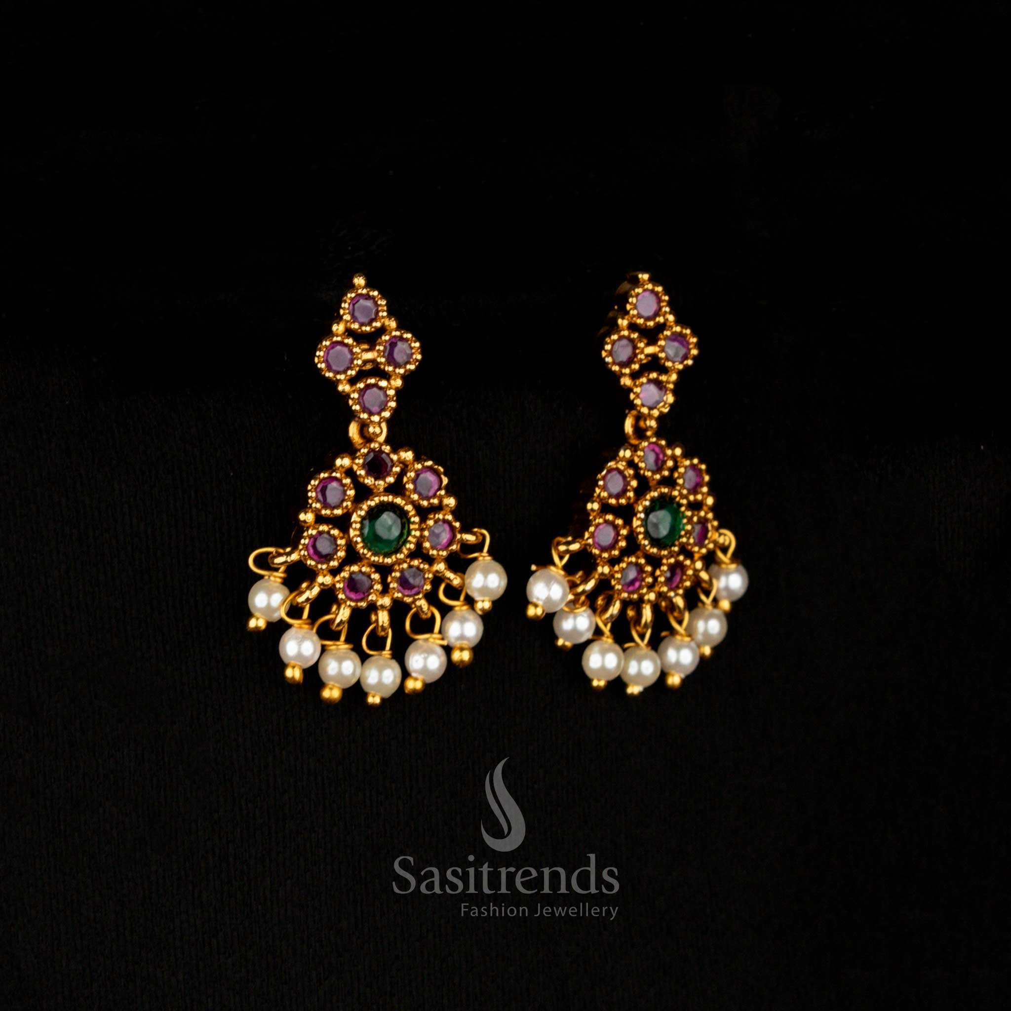 Opulent Temple Wear Matte Gold Plated AD Stone Studded Circular Floral Short/Long Necklace Jewellery Set - Image 12