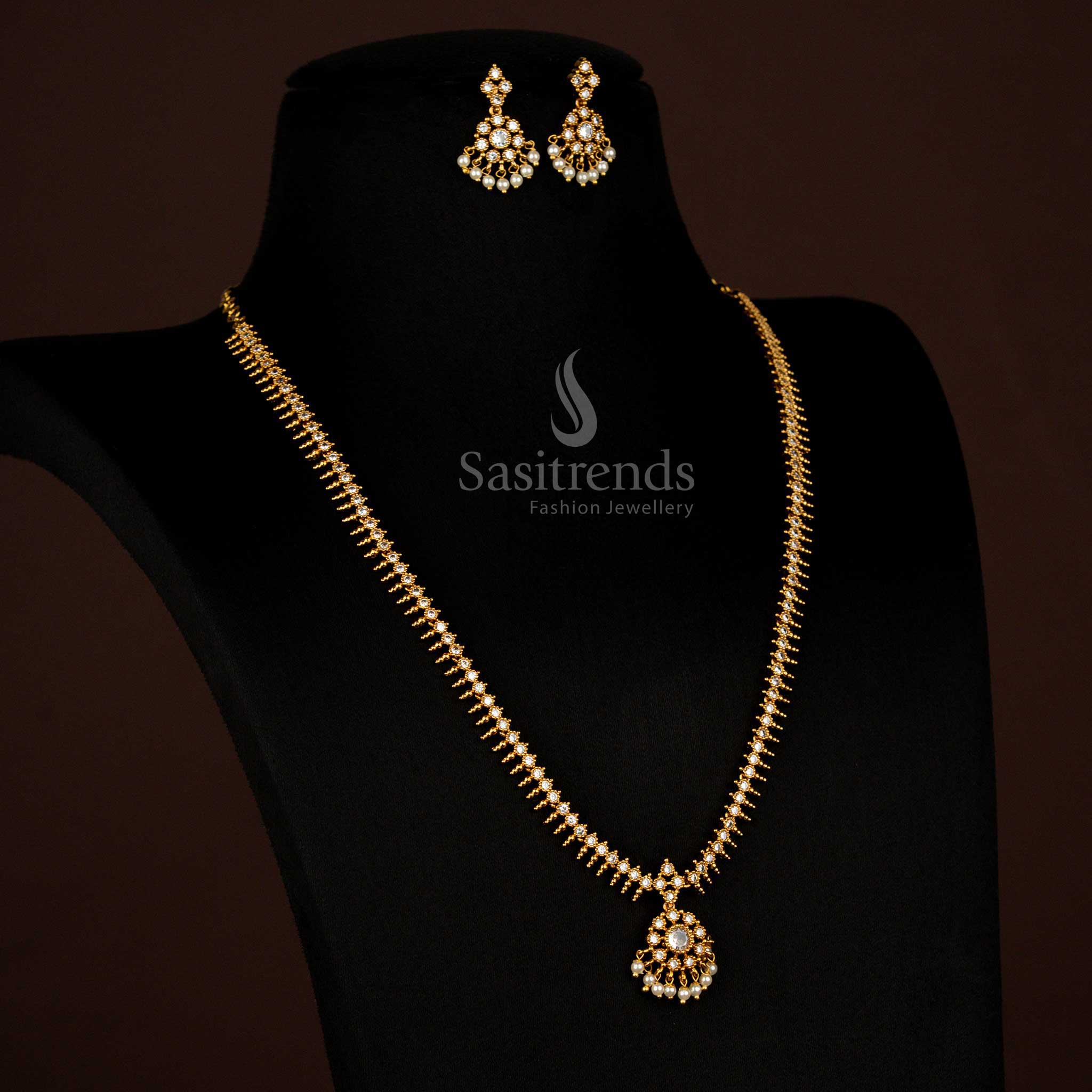 Opulent Temple Wear Matte Gold Plated AD Stone Studded Circular Floral Short/Long Necklace Jewellery Set - Image 13