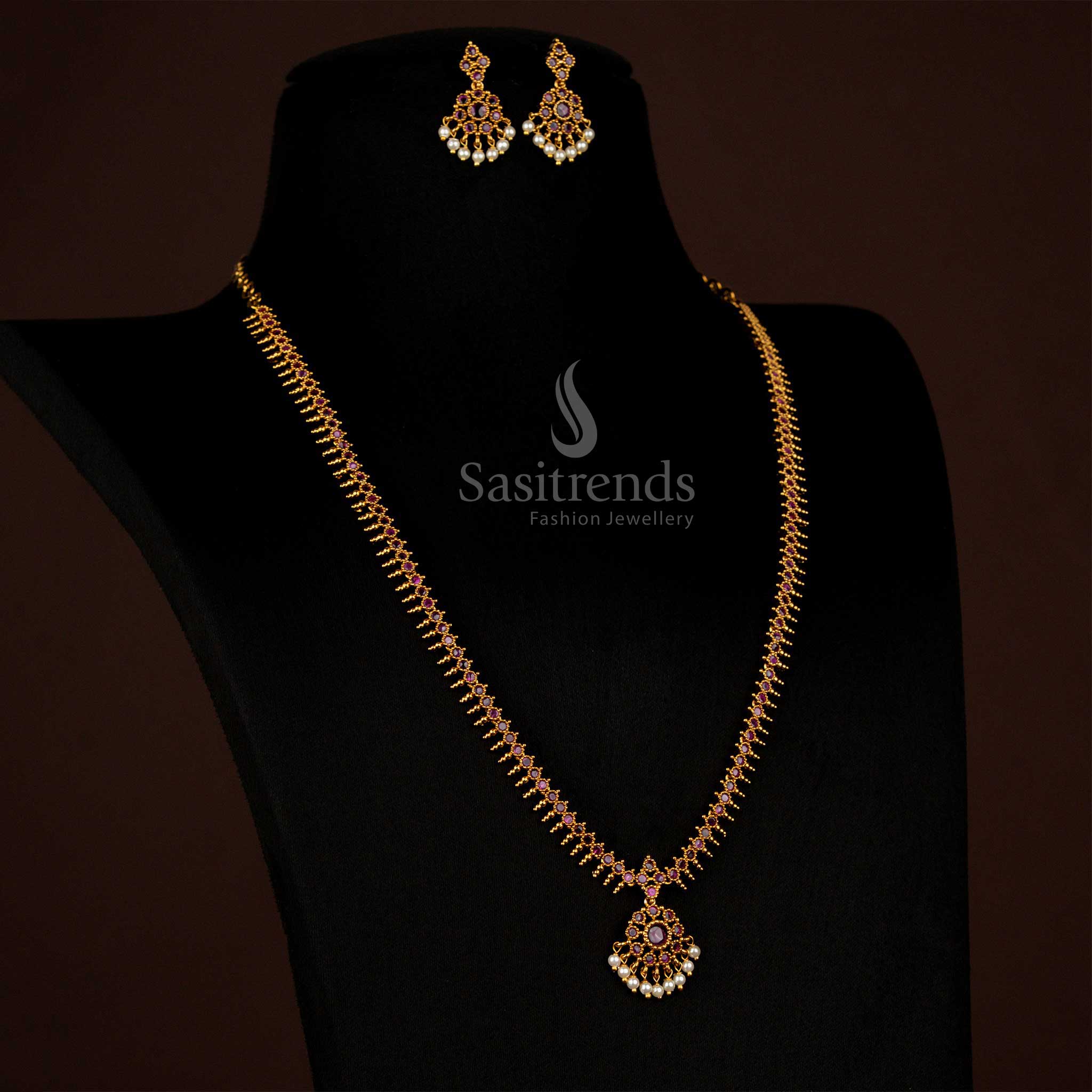 Opulent Temple Wear Matte Gold Plated AD Stone Studded Circular Floral Short/Long Necklace Jewellery Set - Image 15