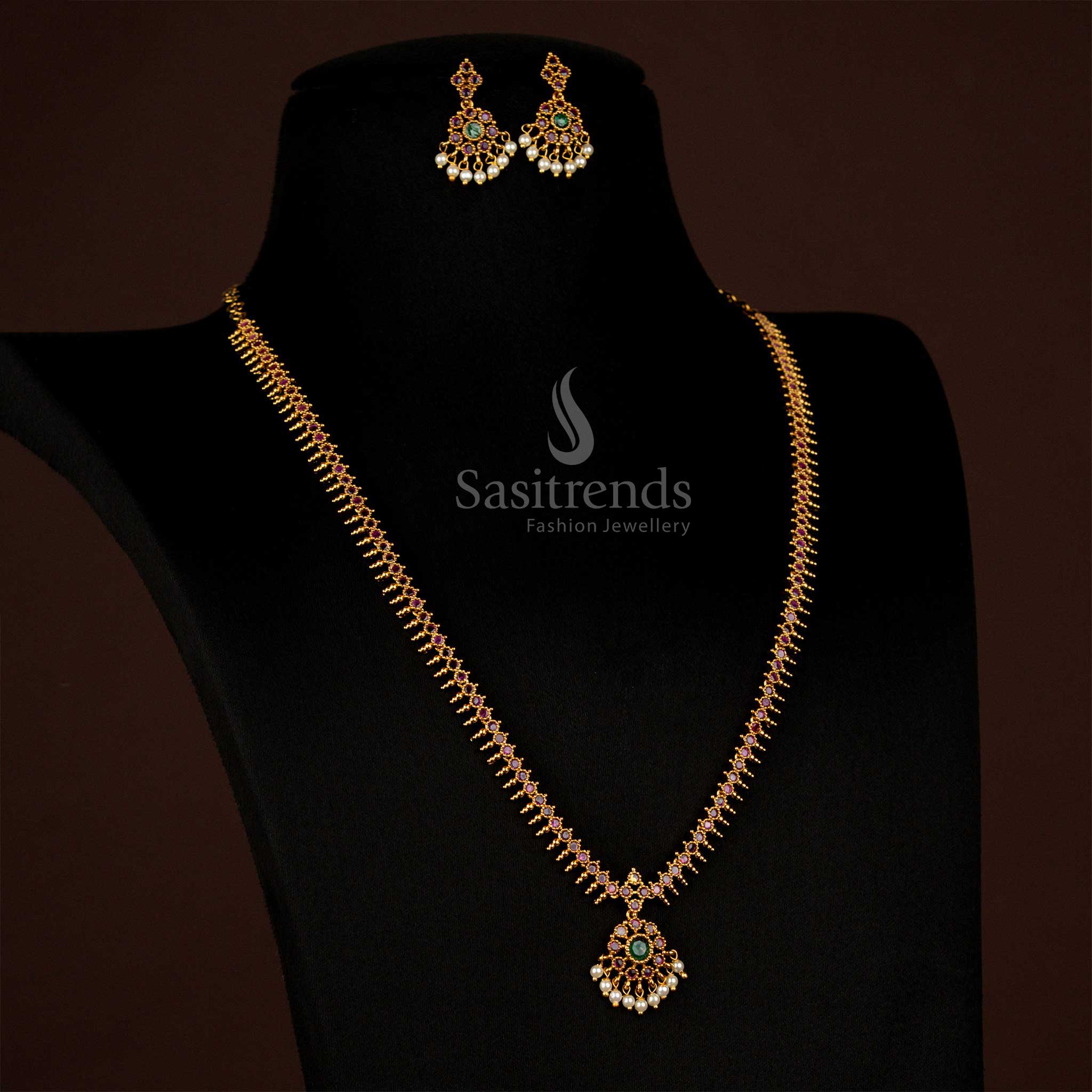 Opulent Temple Wear Matte Gold Plated AD Stone Studded Circular Floral Short/Long Necklace Jewellery Set - Image 17