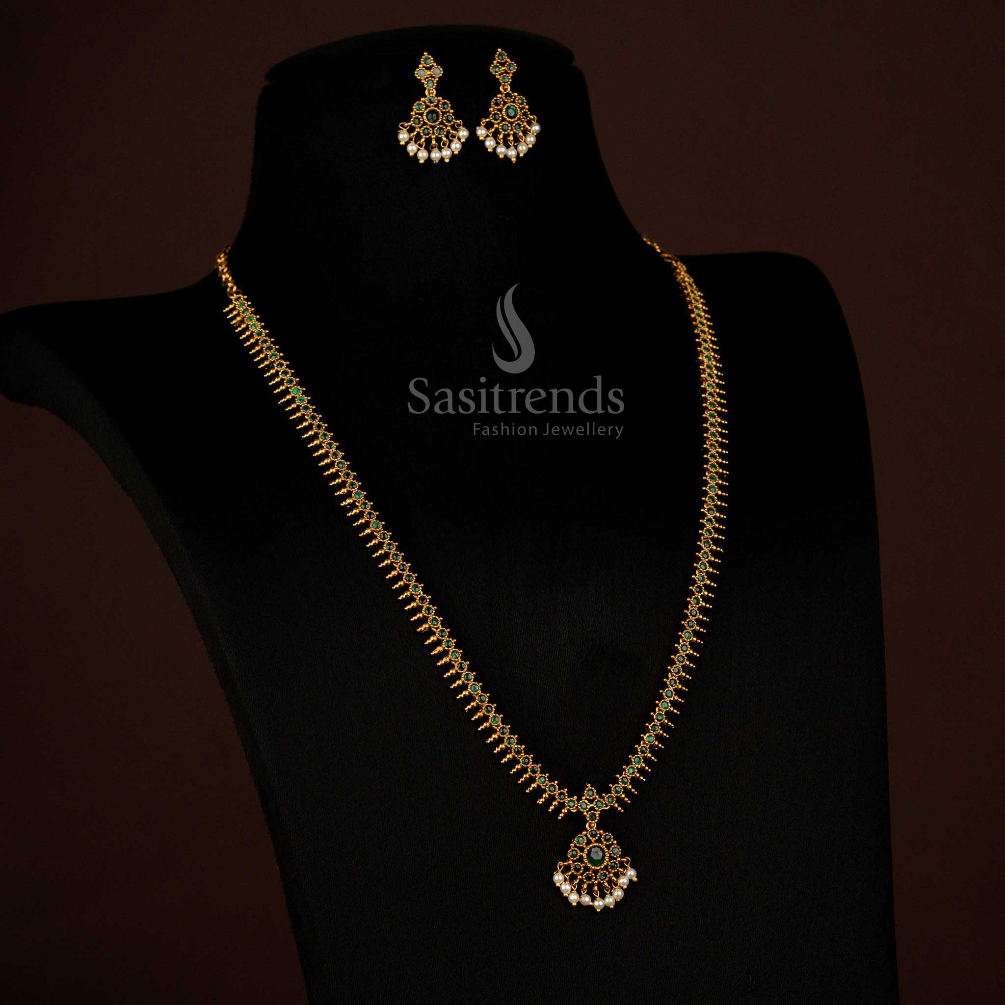 Opulent Temple Wear Matte Gold Plated AD Stone Studded Circular Floral Short/Long Necklace Jewellery Set - Image 18