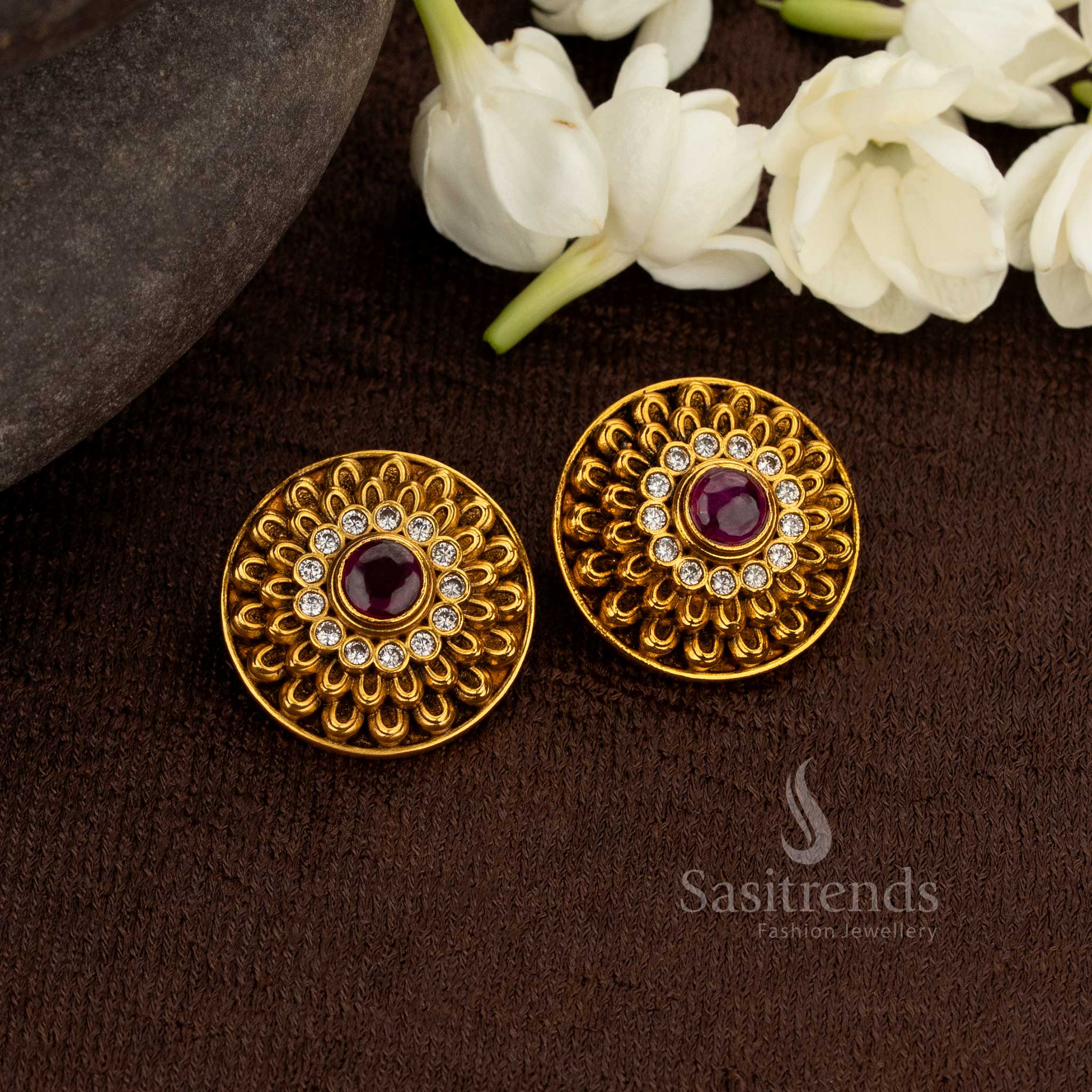 Majestic Dual-Shape Matte Gold Plated Round Floral Earrings with Stone Accent – Perfect for Weddings & Grand Celebrations – Sasitrends - Image 2