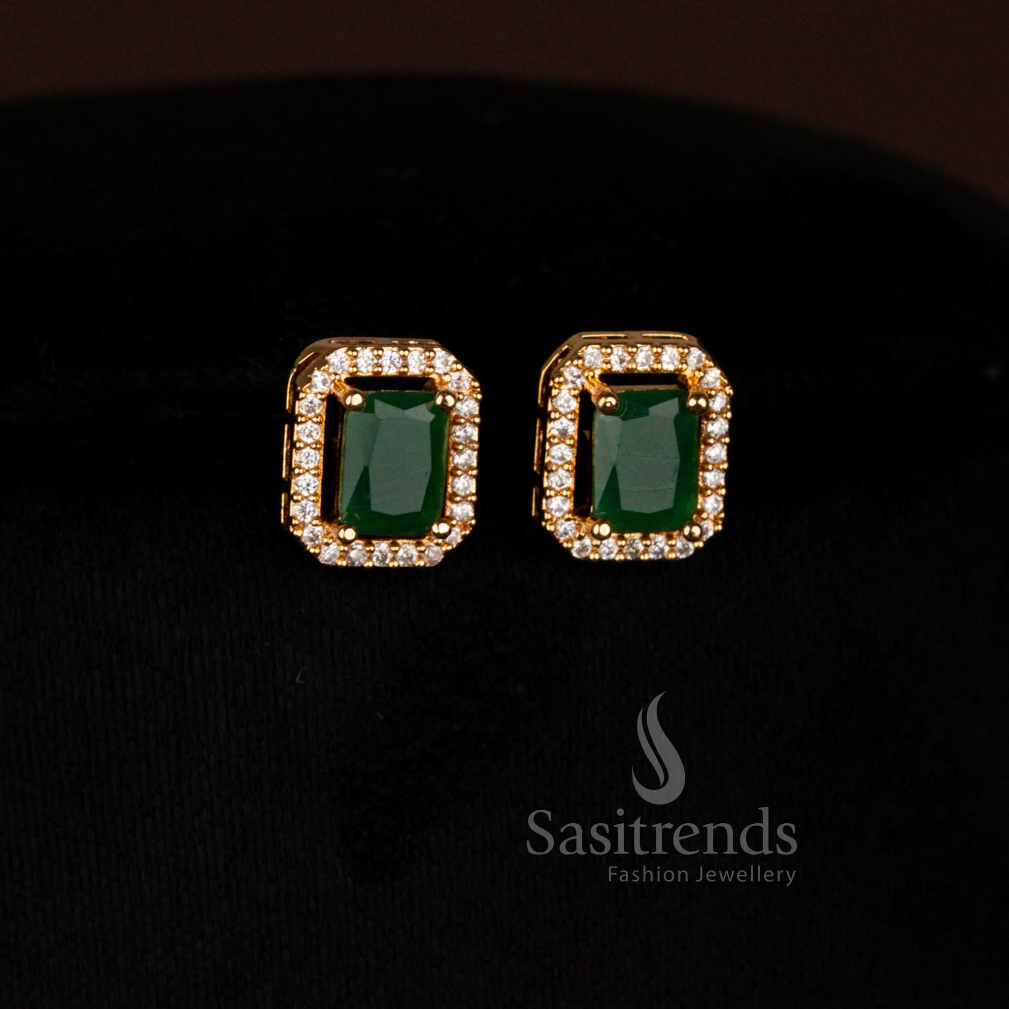 Opulent Guaranteed Micro Gold Plated American Diamond Rectangular Pendant Chain with Matching Earrings for Traditional Wear - Image 15