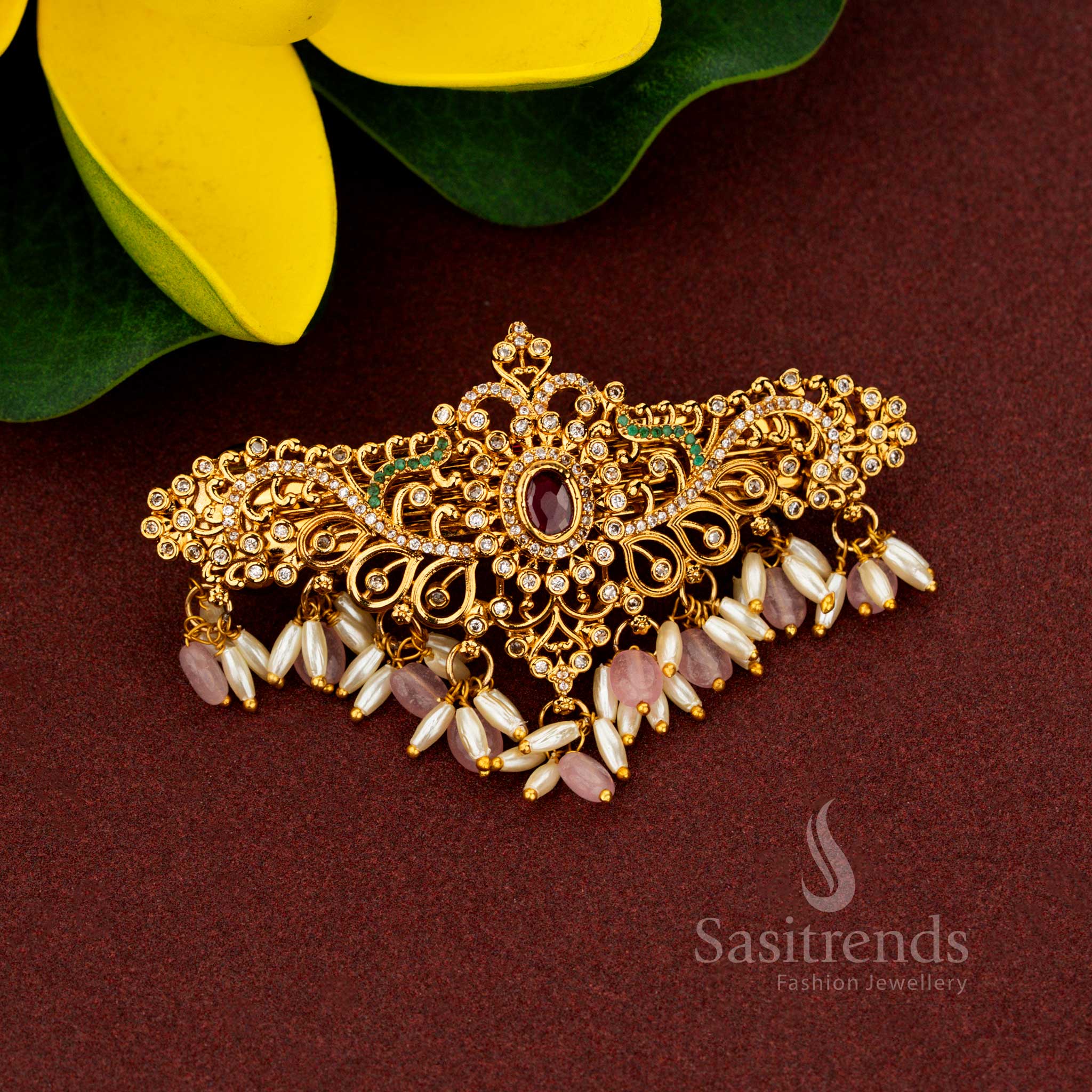 Temple Matte Gold Plated Floral center Oval Stone AD Rice Pearl Hair Clip - Image 3