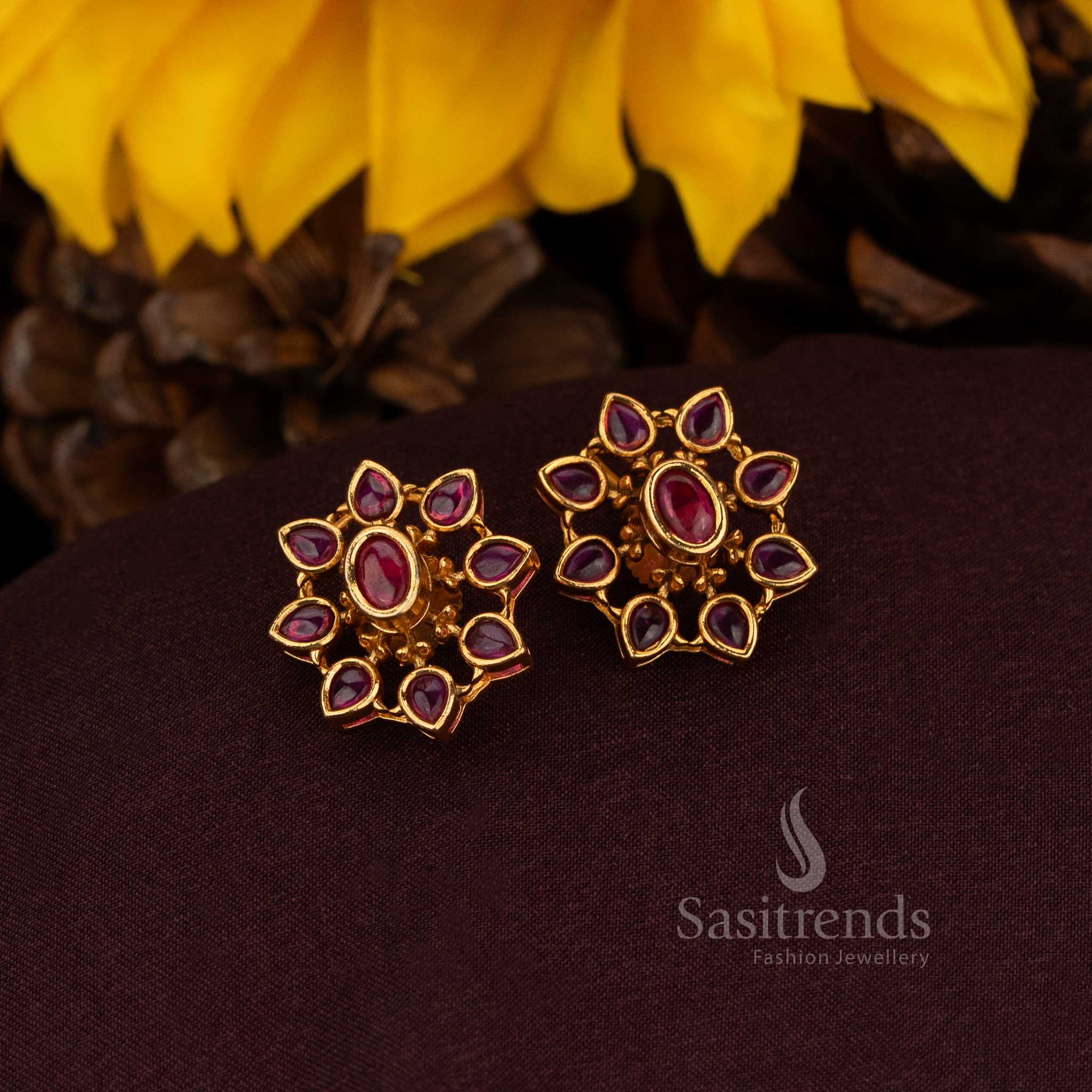 Matte Gold Plated Floral Stud Earrings with Oval Stone Cluster and Petal Outline - Image 3