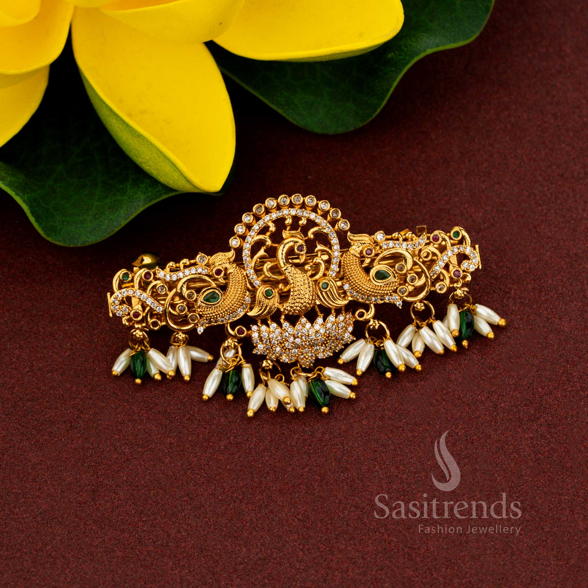 Wonderful Matte Gold Triple Peacock Temple Hair Clip with AD Stones & Rice Pearls For Bridal Festival - Image 2