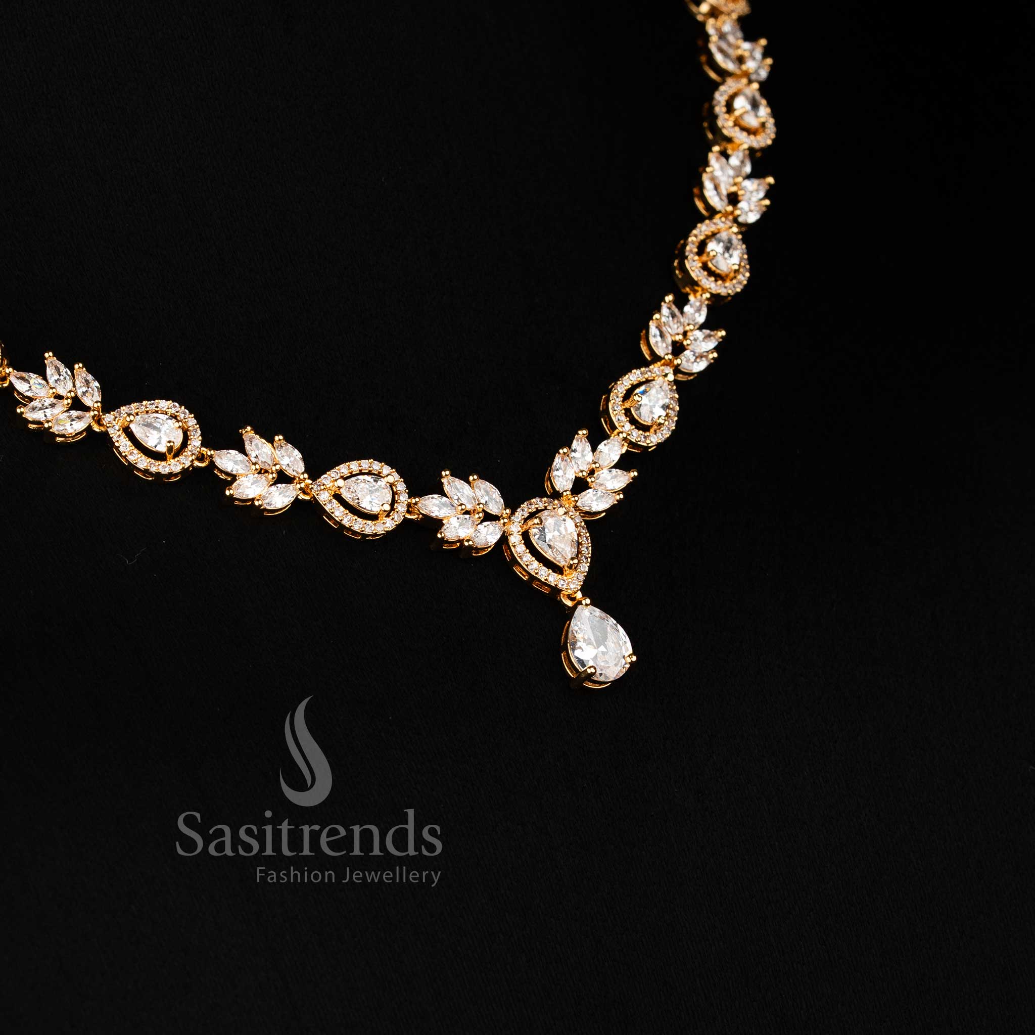 Majestic Micro Gold Plated American Diamond Teardrop Lotus Petal Linked Pattern Necklace Set for Elegant Festive Wear - Image 8