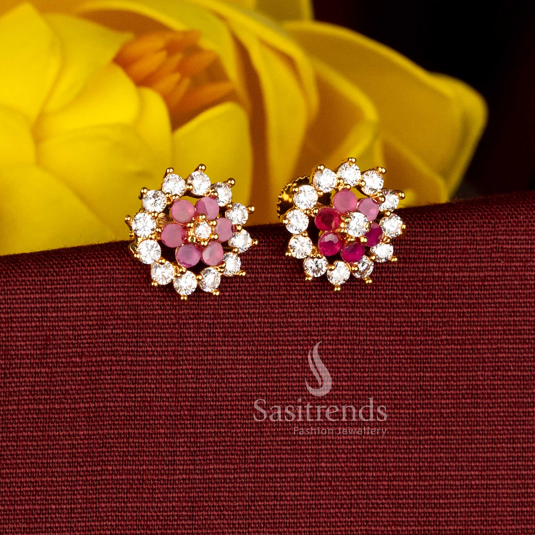 Guaranteed Micro Gold Plated AD Floral Stud Earrings for Traditional Wear | One Gram Jewellery