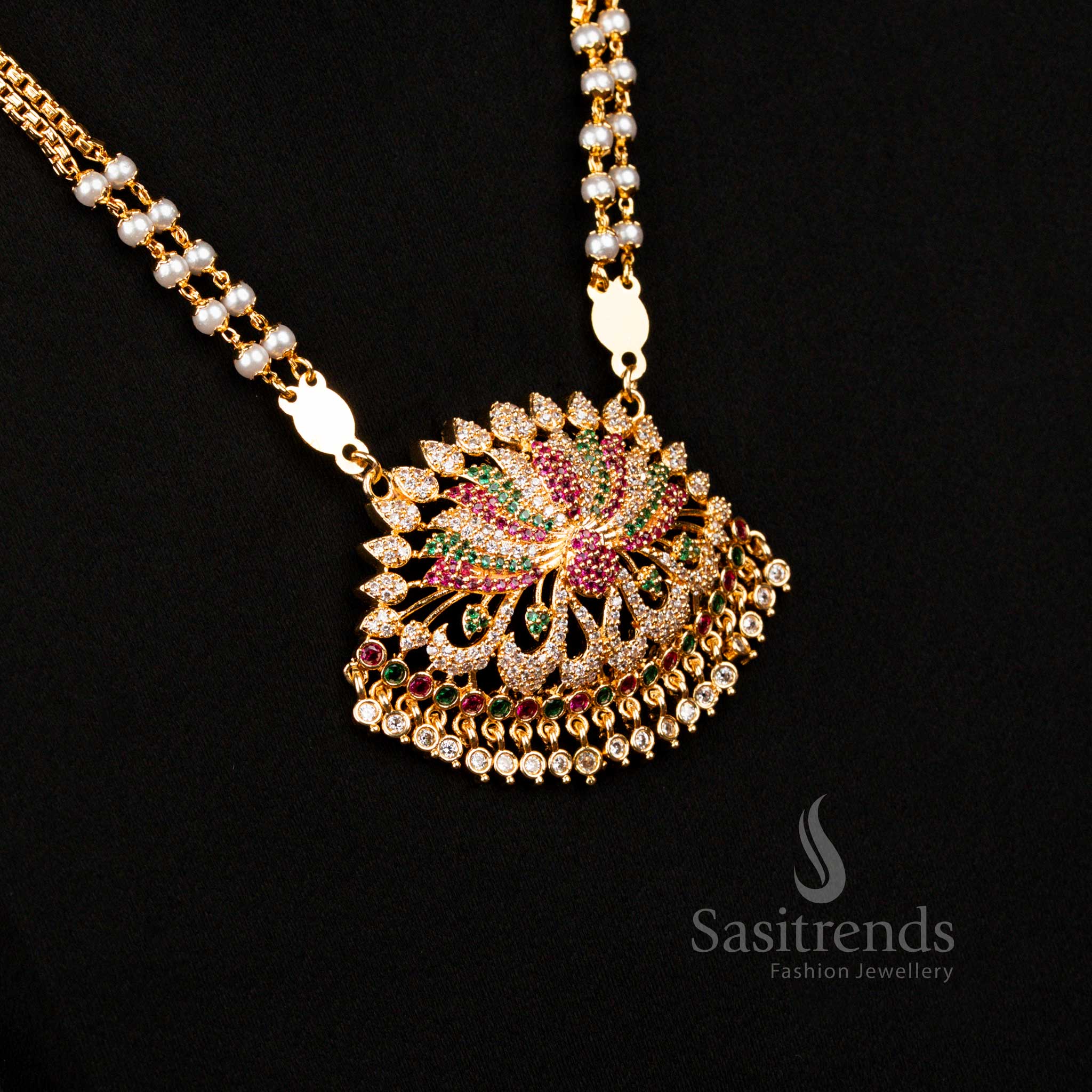 Guaranteed One Gram Micro Gold Plated American Diamond Stone Two Layer Lotus Design Necklace - Image 6