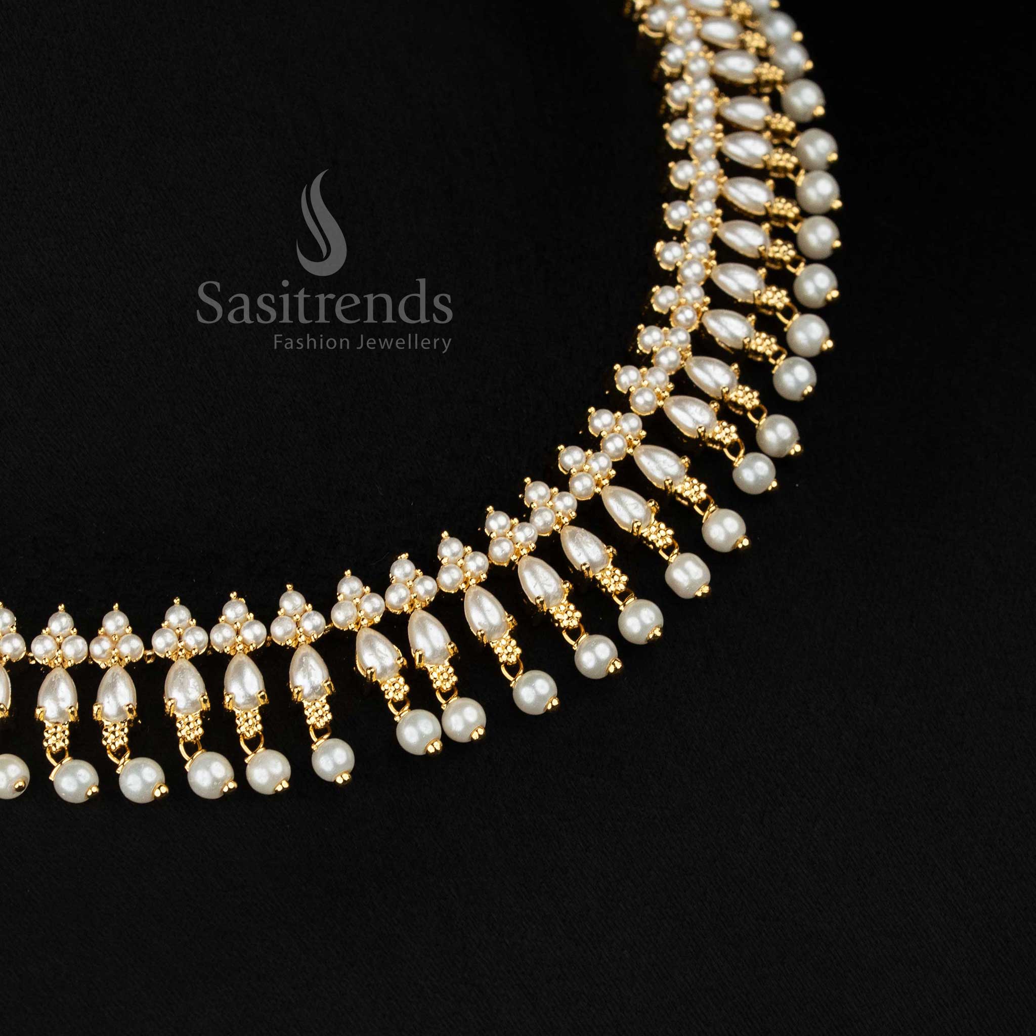 Wonderful Micro Gold Plated Triangle Cut Pearl & Teardrop American Diamond Necklace Set with Pearl Drops for Evening Festives - Image 2