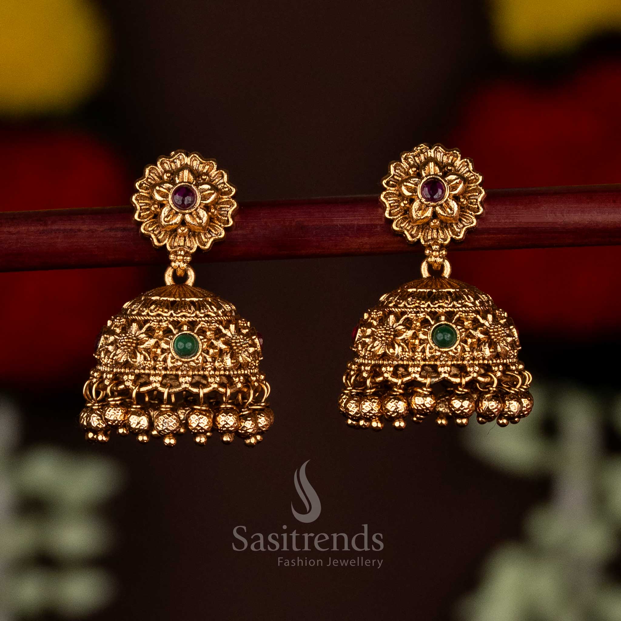 Amazing Premium Temple Matte Gold Plated Floral Jhumka Earrings with Hanging Beads For Weddings - Image 2