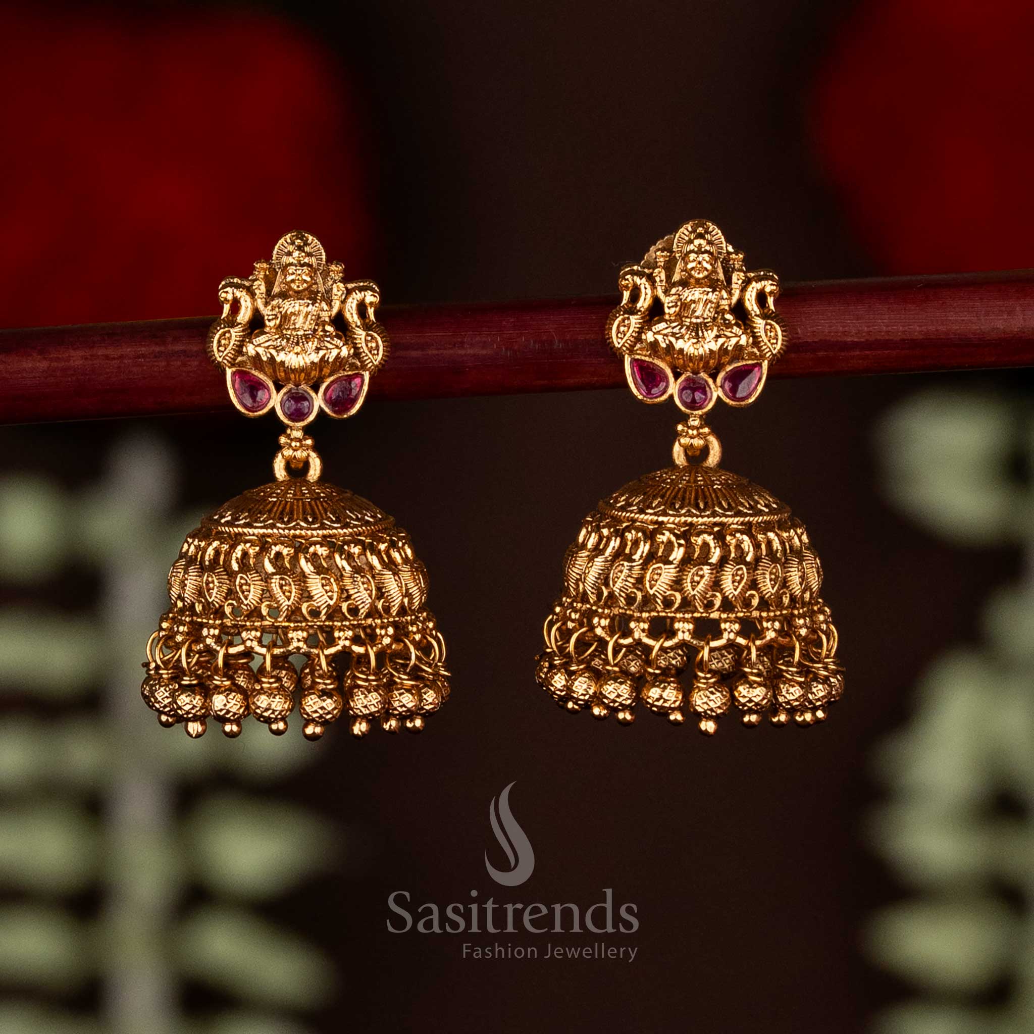 Premium Temple Matte Gold Plated Goddess Lakshmi Motif Jhumka Earrings with Cluster Beads for Wedding Wear - Image 2