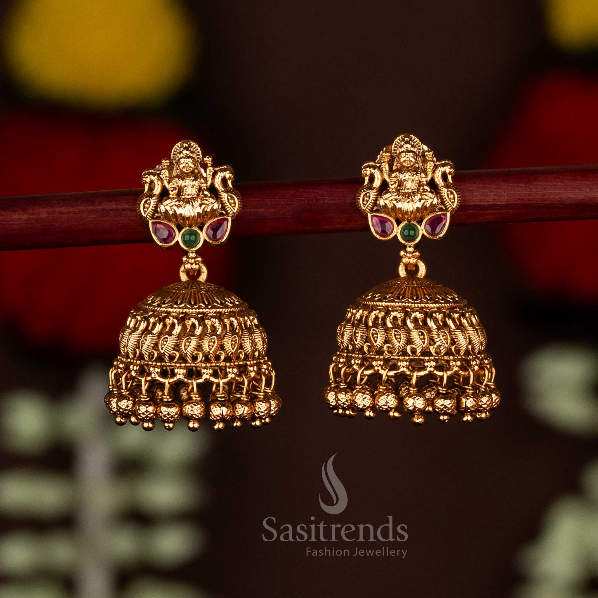 Premium Temple Matte Gold Plated Goddess Lakshmi Motif Jhumka Earrings with Cluster Beads for Wedding Wear - Image 3