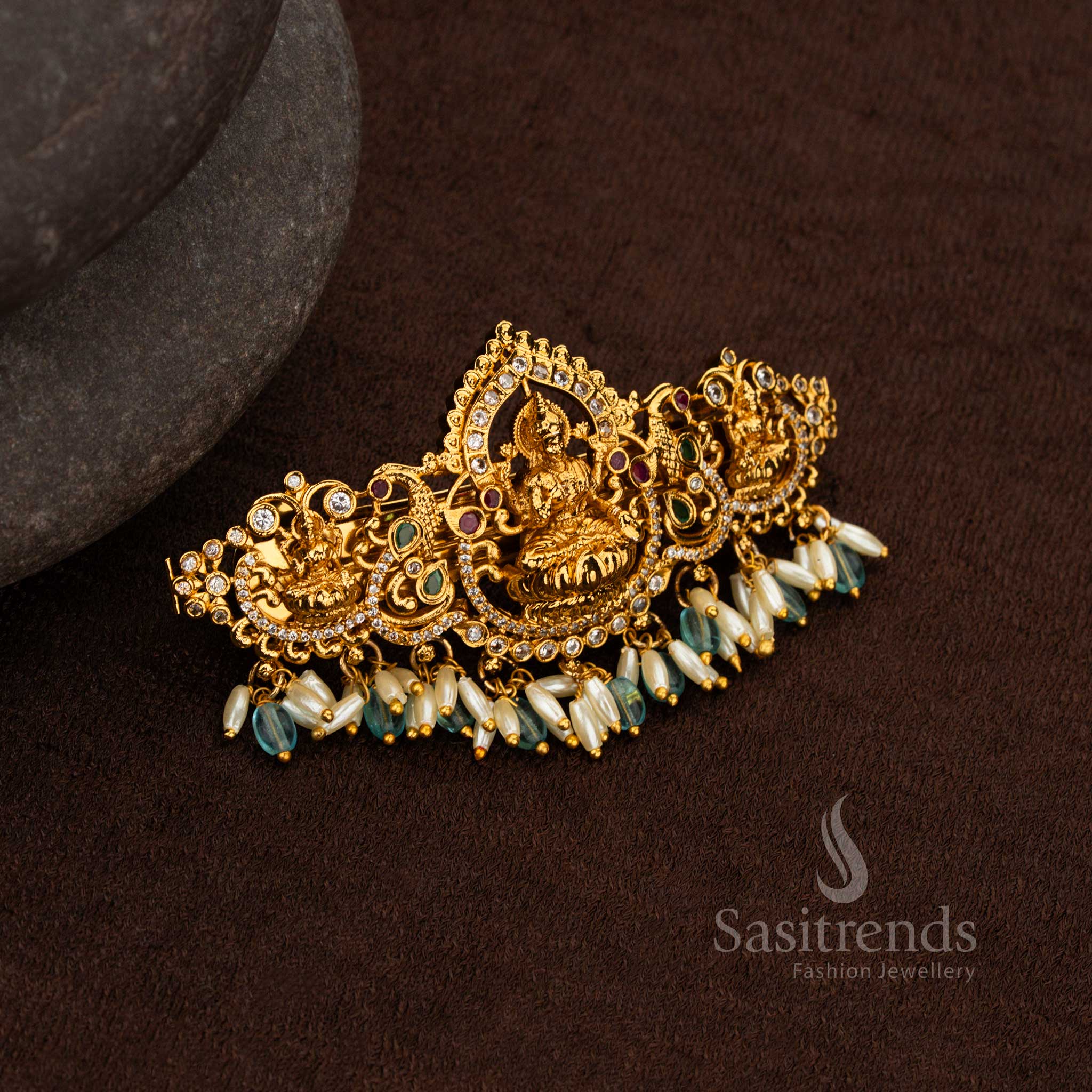 Luxury Temple Matte Gold Lakshmi Floral Hair Clip with AD Stones and Rice Pearls For Weddings - Image 2