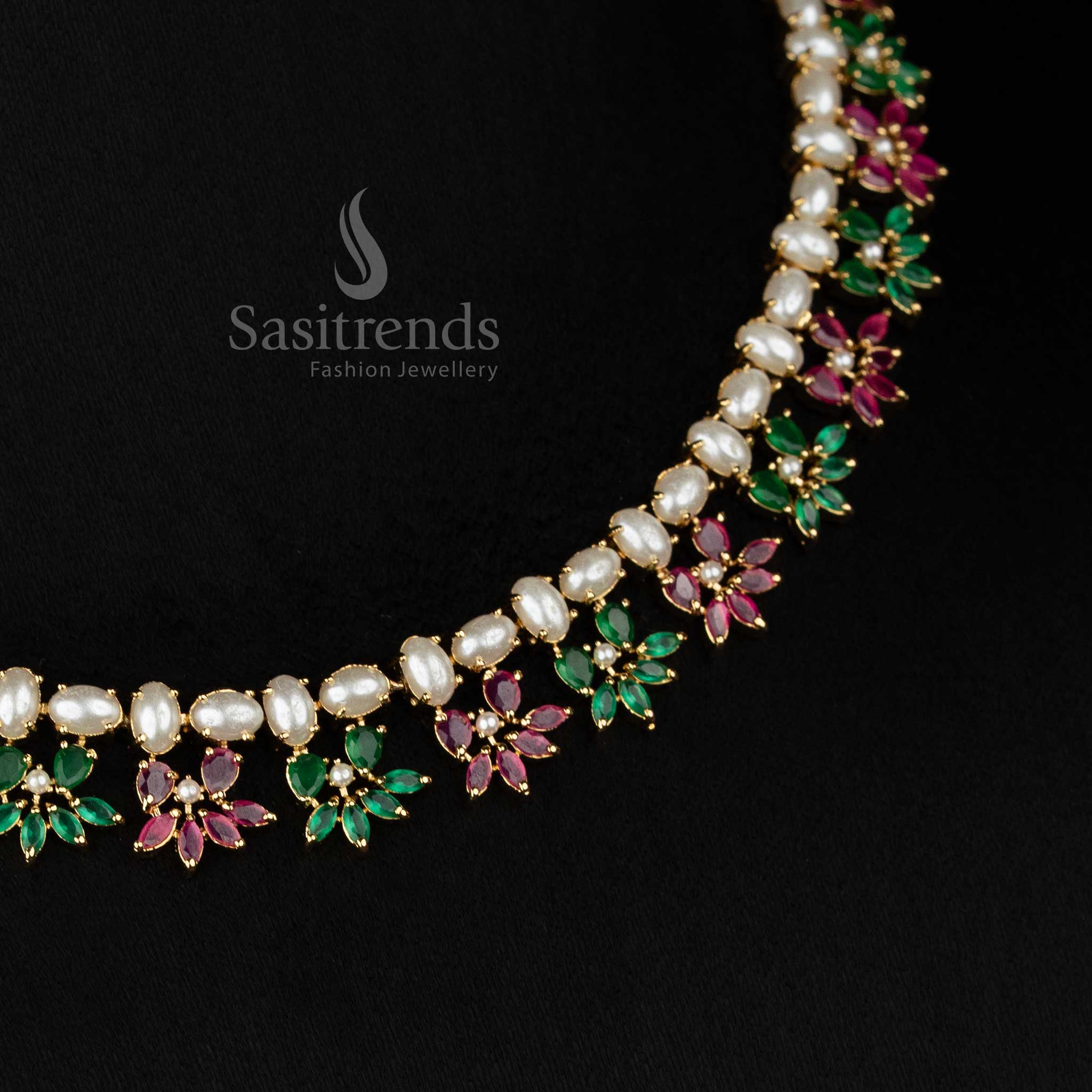 American Diamond Micro Gold Plated Oval Pearl Floral Leaf Cluster Necklace Jewellery Set for Party Evenings & Elite Gatherings - Image 10