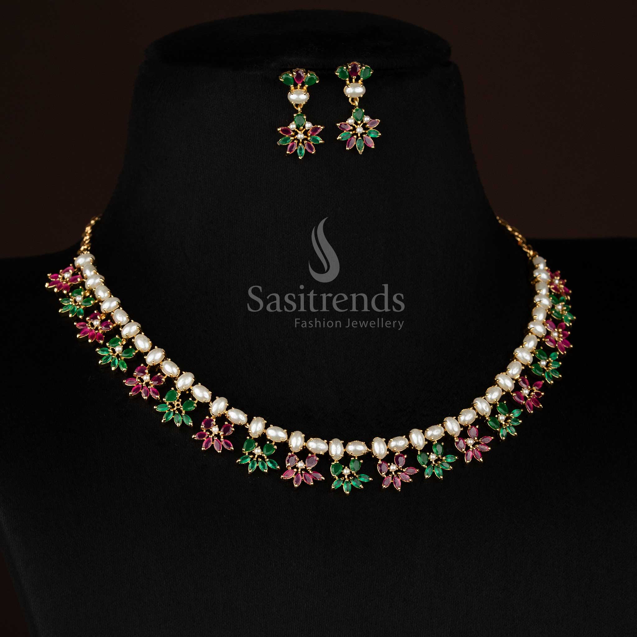 American Diamond Micro Gold Plated Oval Pearl Floral Leaf Cluster Necklace Jewellery Set for Party Evenings & Elite Gatherings - Image 11