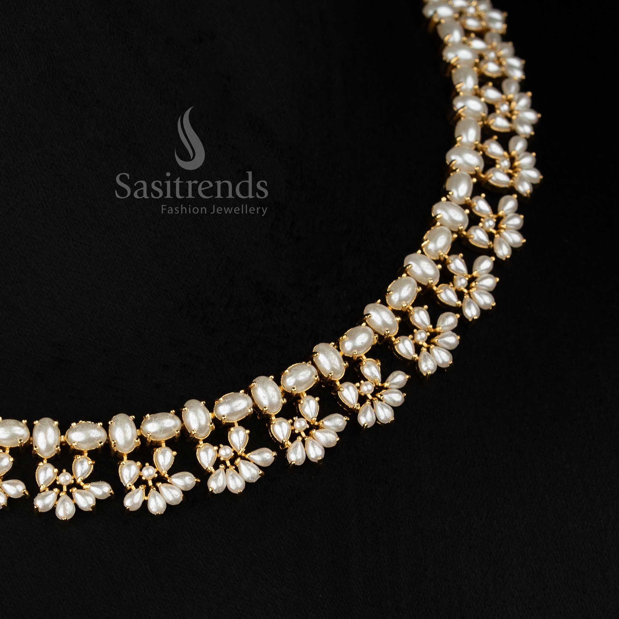 American Diamond Micro Gold Plated Oval Pearl Floral Leaf Cluster Necklace Jewellery Set for Party Evenings & Elite Gatherings - Image 5