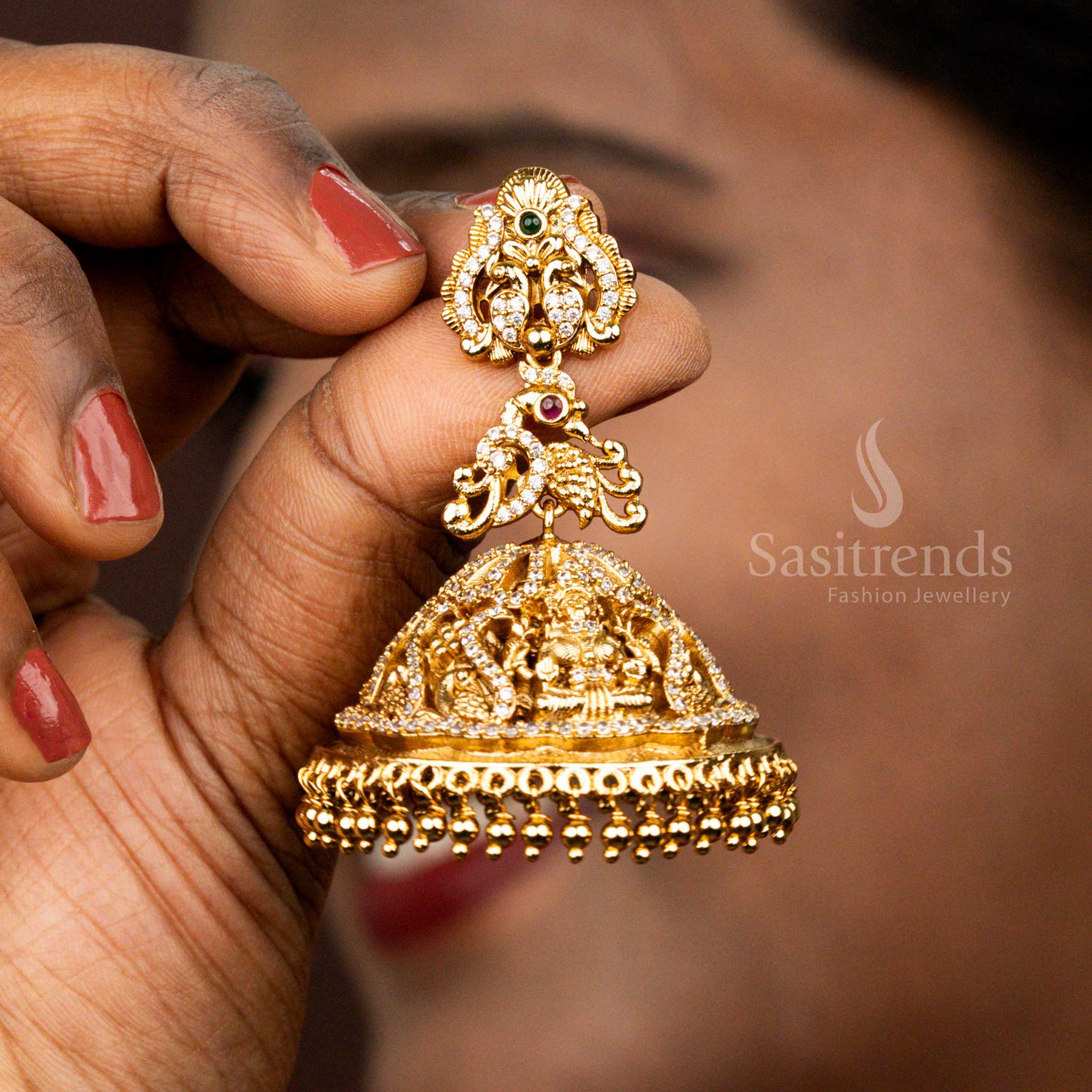 Regal Matte Gold Plated Peacock Stud Temple Jhumka Earrings with Bead Fringes For Festivals - Image 3