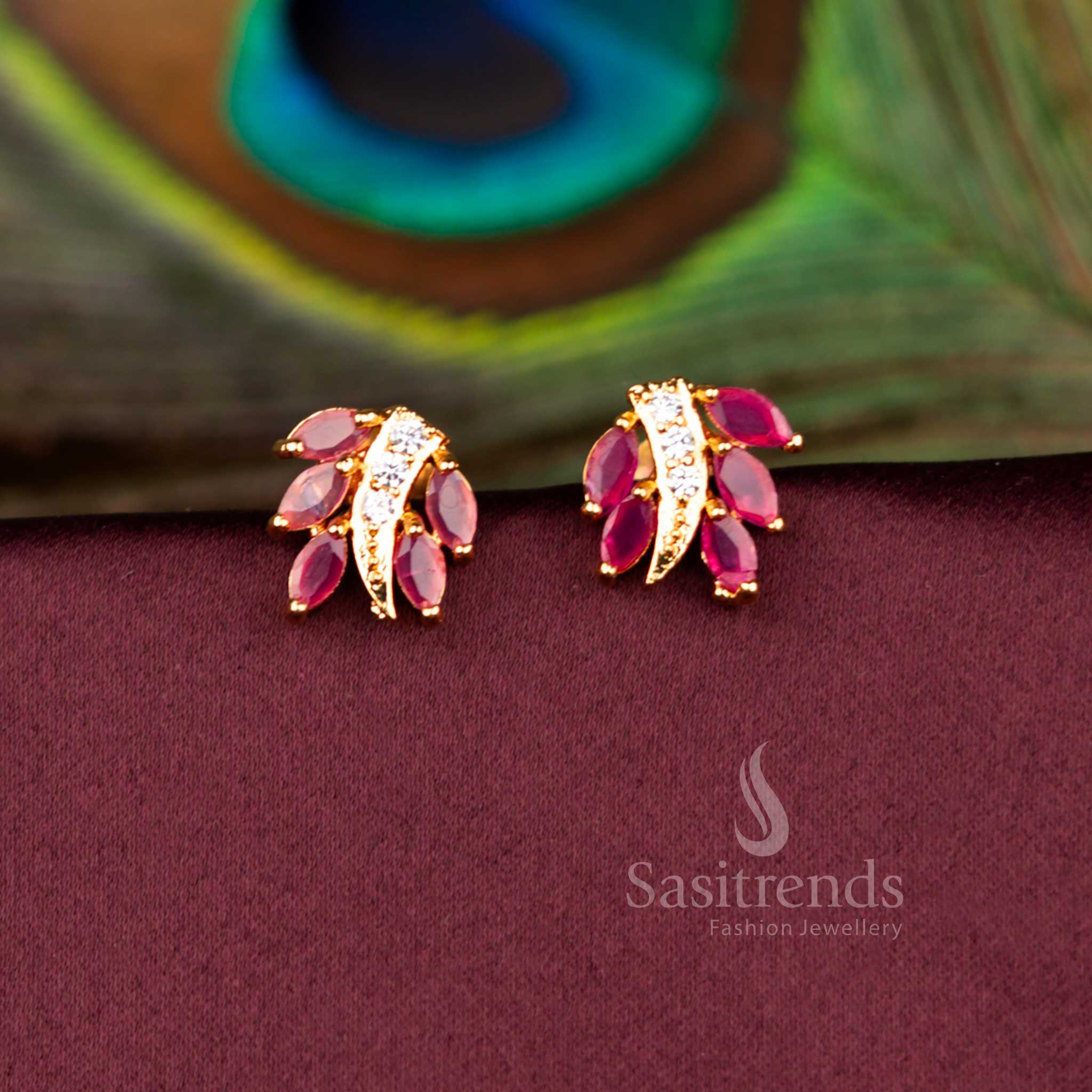 Ornate Guaranteed Micro Gold Plated Leaf Cluster Marquise AD Stud Earrings for Festive Wear - Image 3