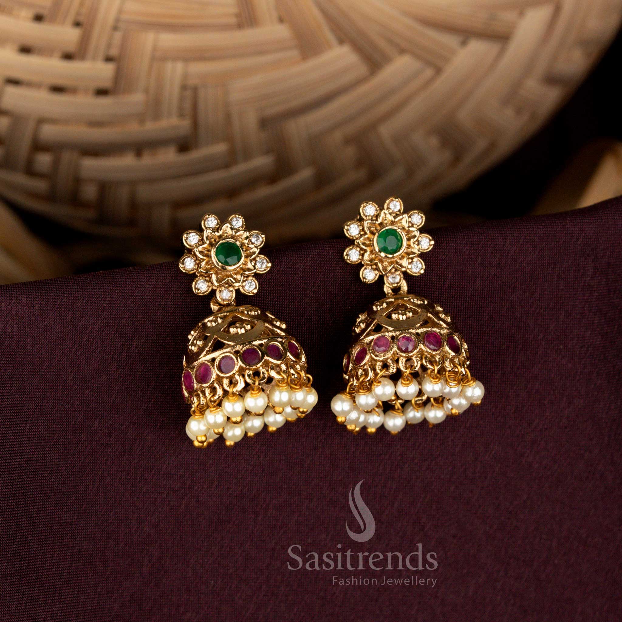 Traditional Matte Gold Plated Floral Stud Temple Jhumka Earrings With Pearl Drops - Image 2
