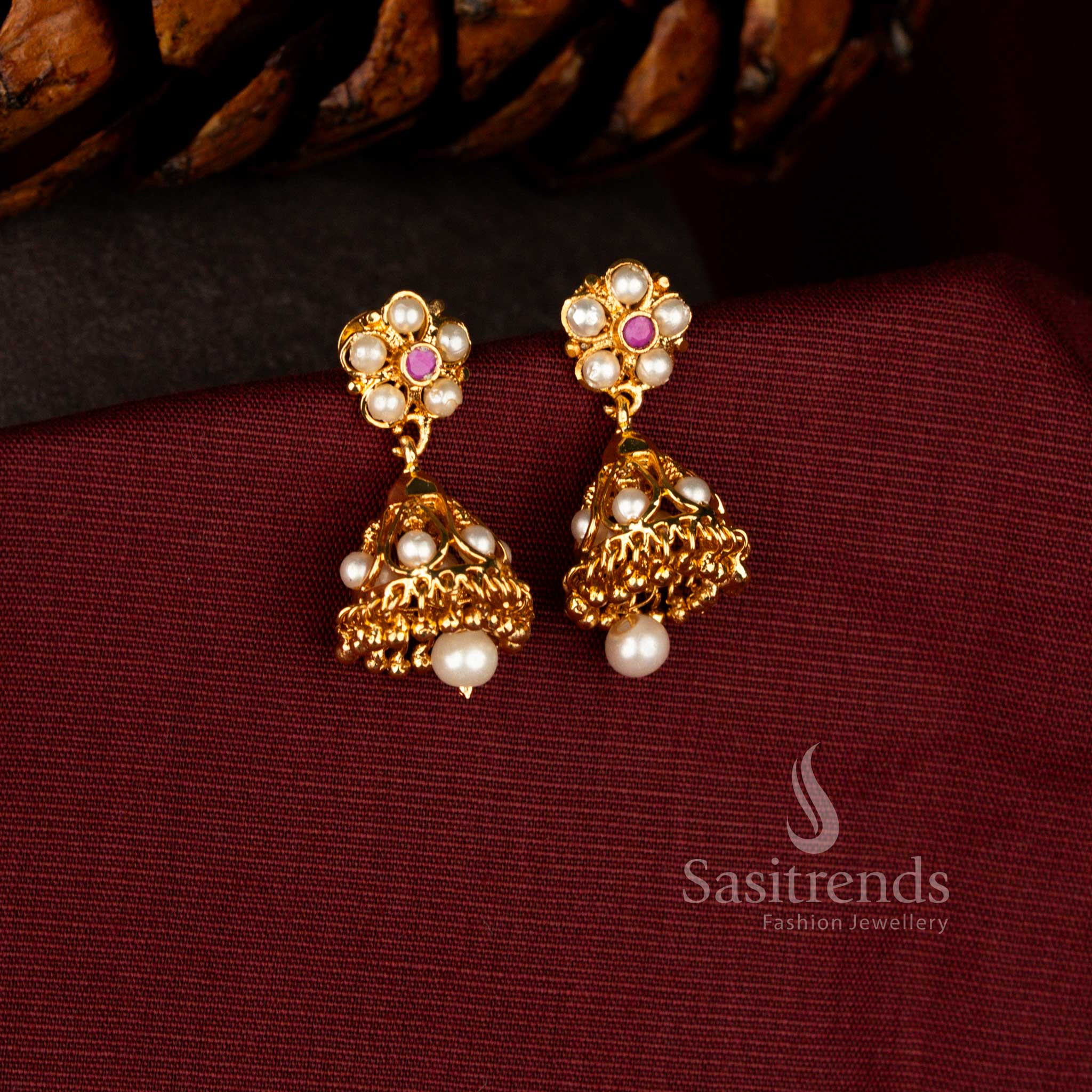 Ornate Guaranteed Micro Gold Plated Pearl, Pavalam And Stones Floral Jhumka Earrings for Traditional Wear - Image 3