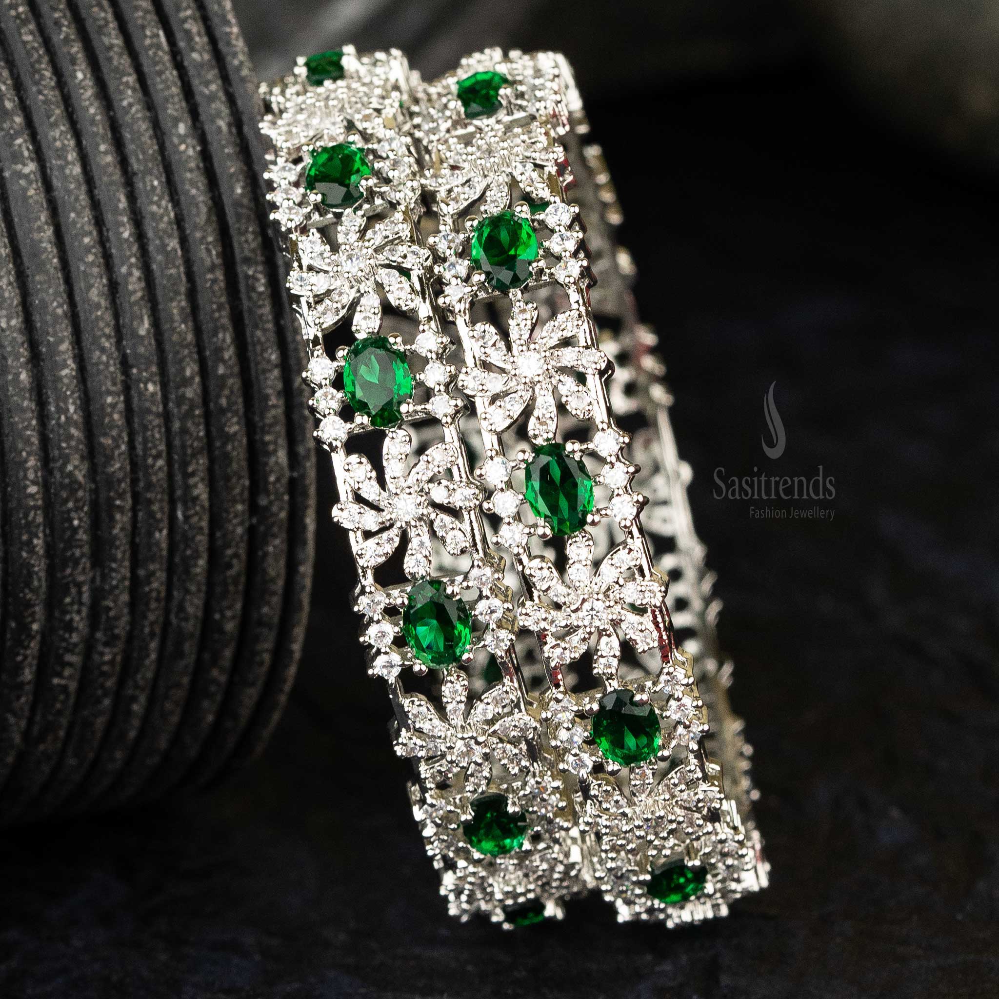 Sasitrends | Latest Rhodium Silver Plated Oval Shaped American Diamond Party Wear Bangles - Image 3
