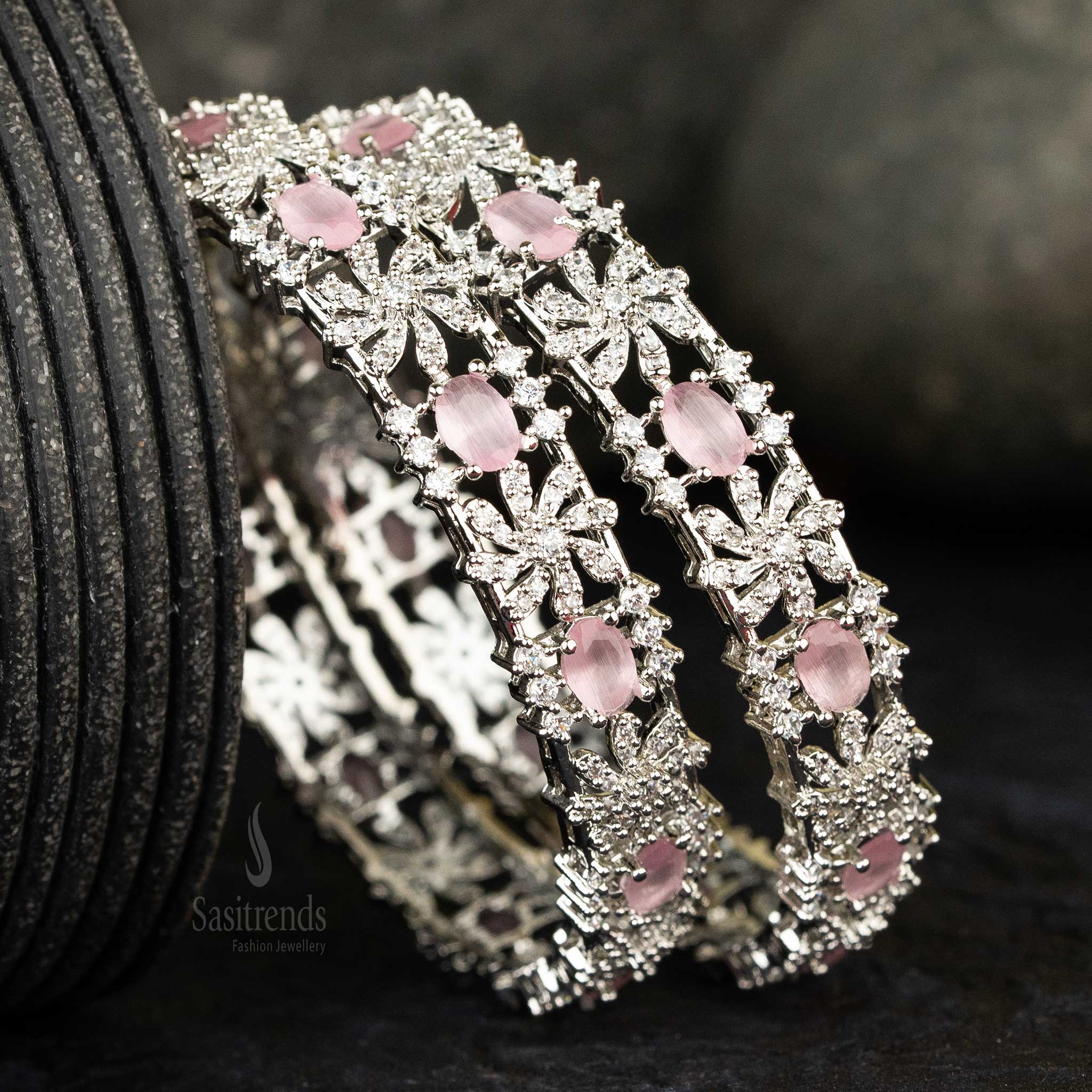 Sasitrends | Latest Rhodium Silver Plated Oval Shaped American Diamond Party Wear Bangles - Image 5
