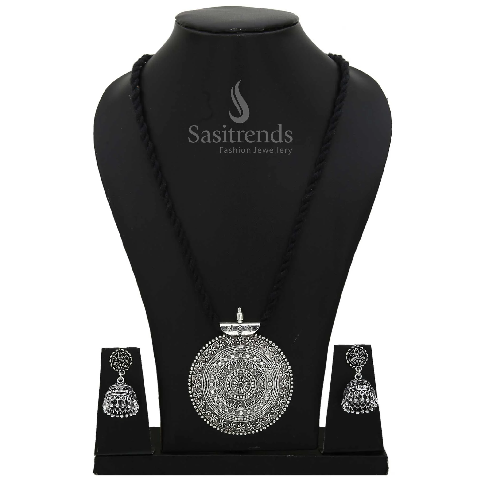 Niranjana Oxidised Pendant and Jhumka Jewellery Set with Long Black Thread - Sasitrends - Image 3