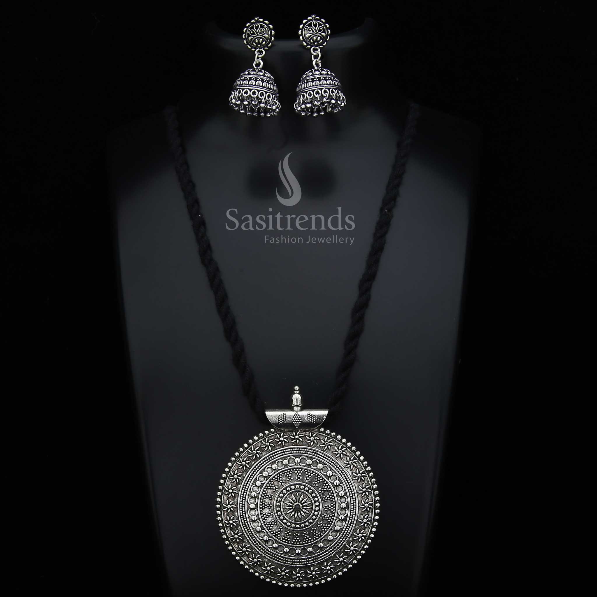 Niranjana Oxidised Pendant and Jhumka Jewellery Set with Long Black Thread - Sasitrends - Image 4