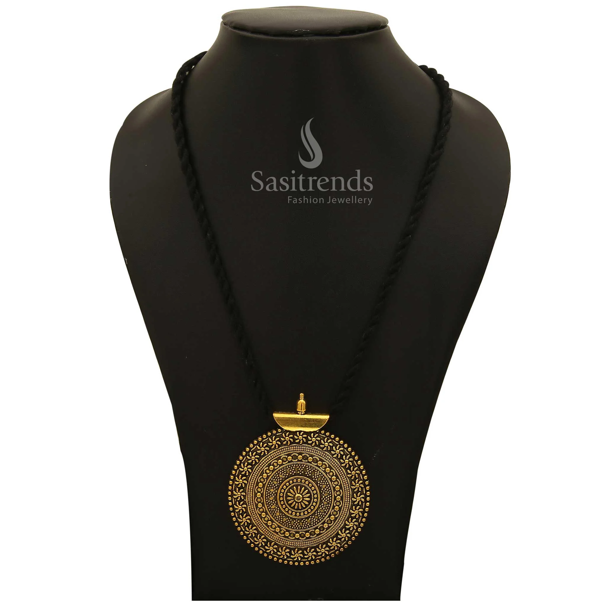 Niranjana Oxidised Silver Mandala Pendant Necklace with Long Black Thread - Image 4