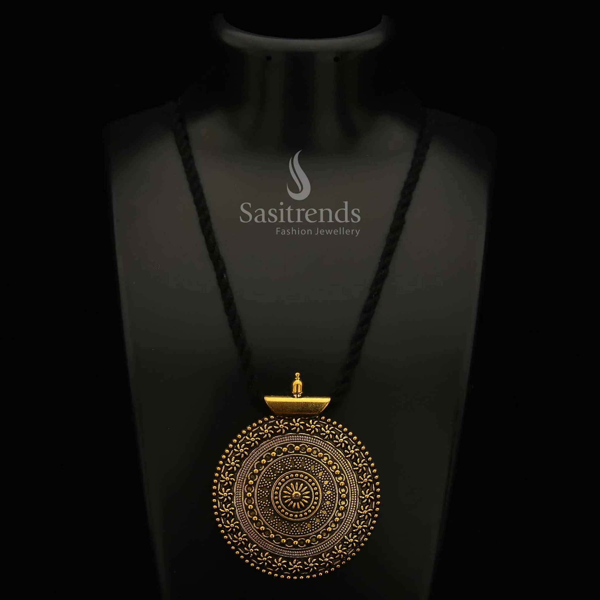 Niranjana Oxidised Silver Mandala Pendant Necklace with Long Black Thread - Image 5