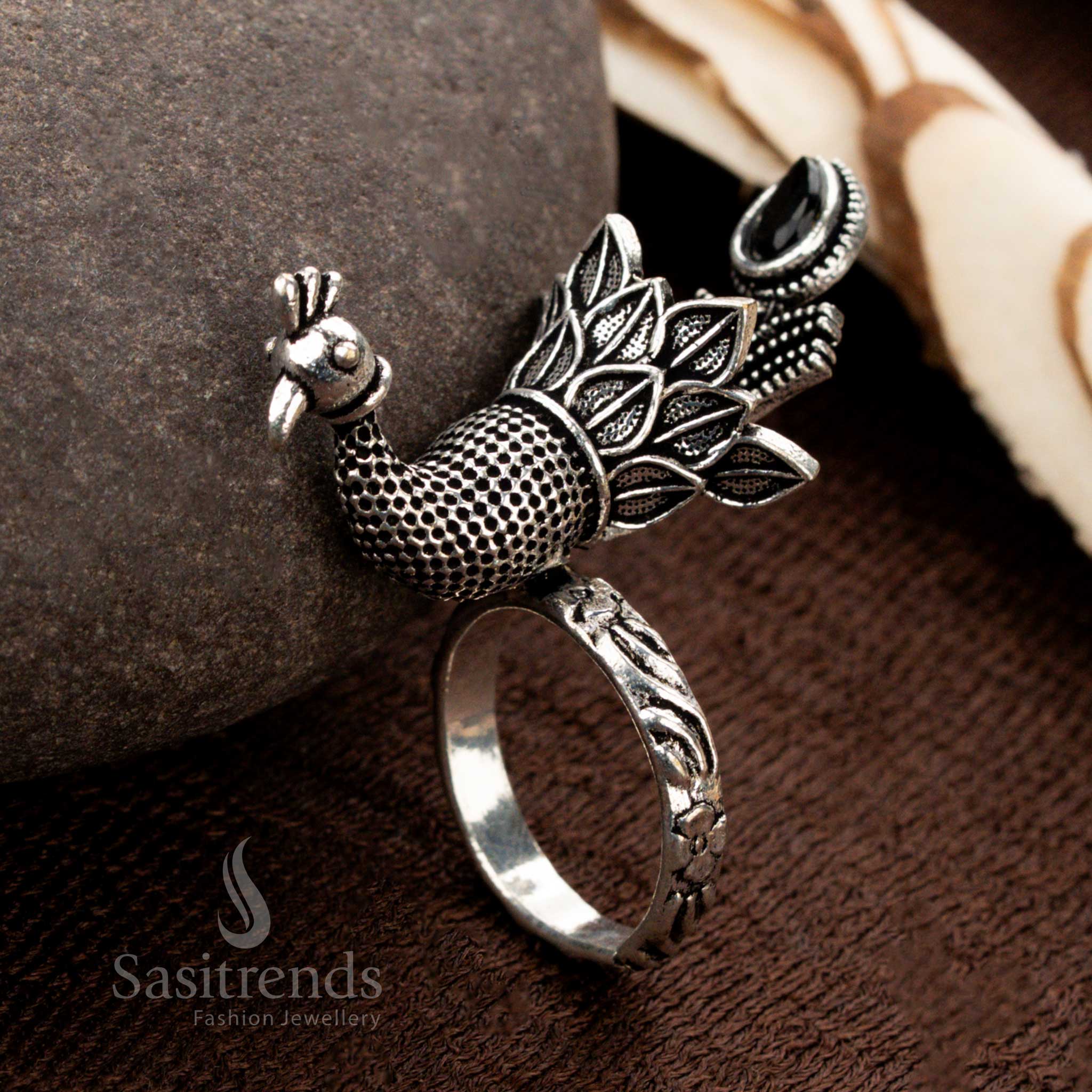 Oxidised Adjustable Peacock Design Stone Ring for Women – Traditional Statement Wear - Sasitrends