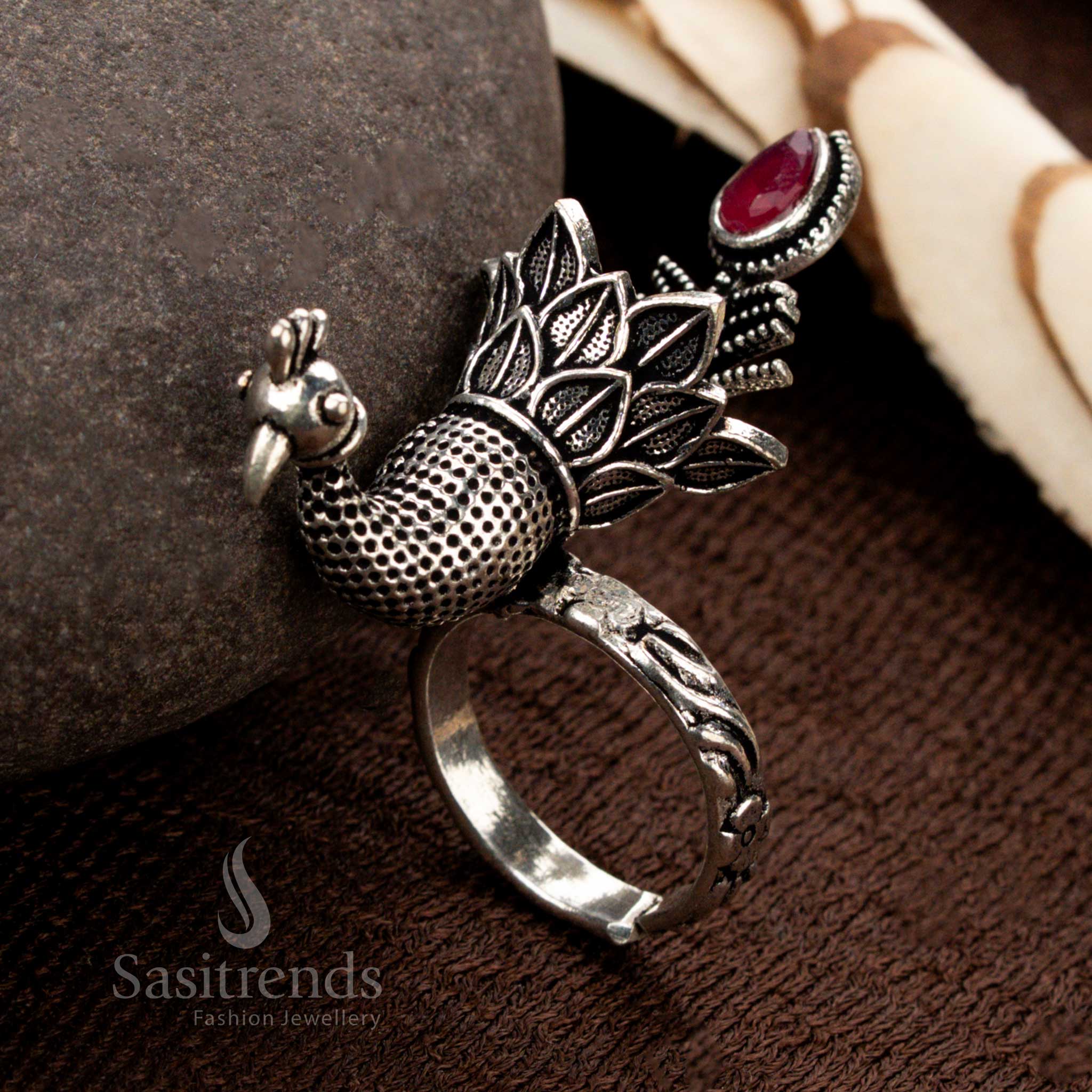Oxidised Adjustable Peacock Design Stone Ring for Women – Traditional Statement Wear - Sasitrends - Image 2