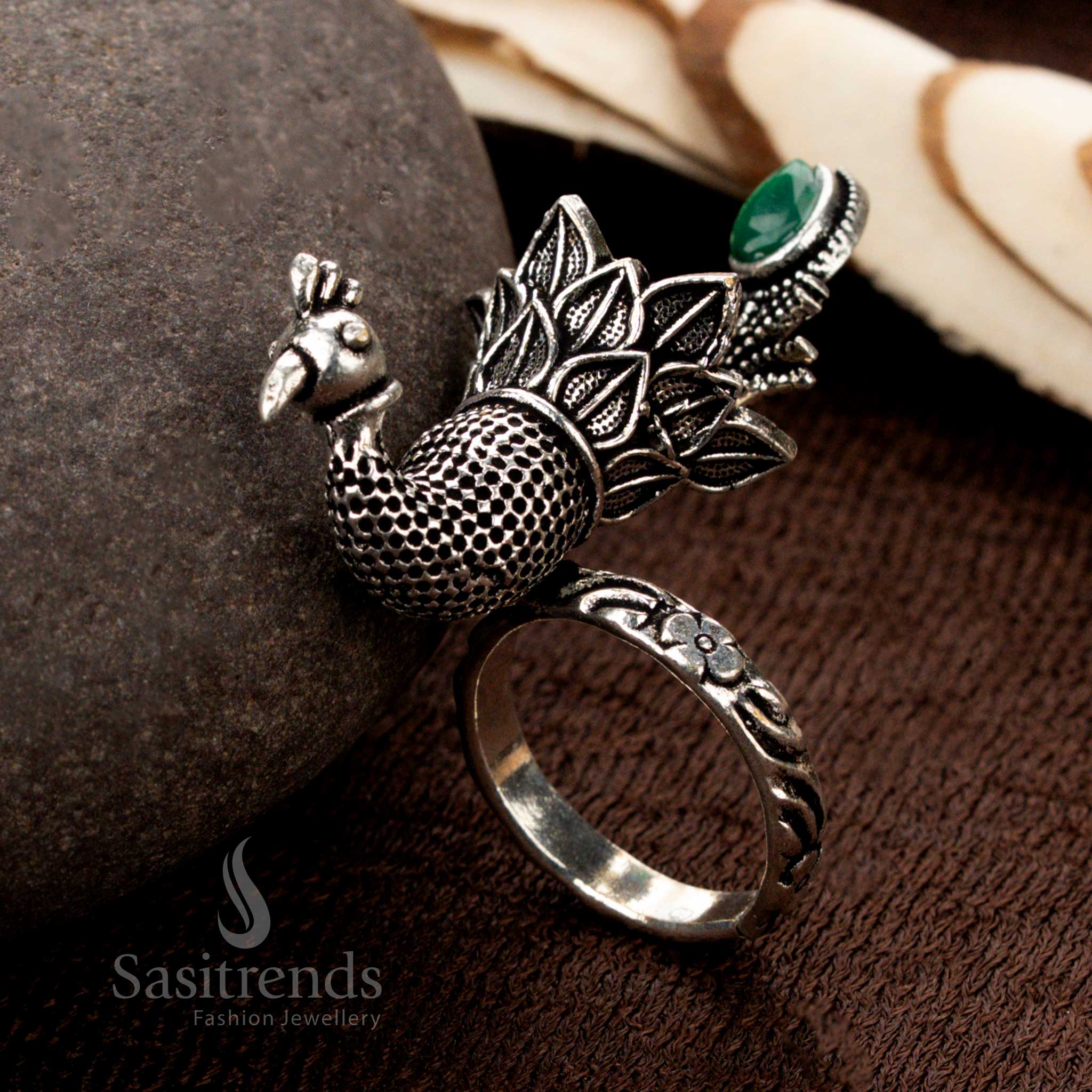 Oxidised Adjustable Peacock Design Stone Ring for Women – Traditional Statement Wear - Sasitrends - Image 3