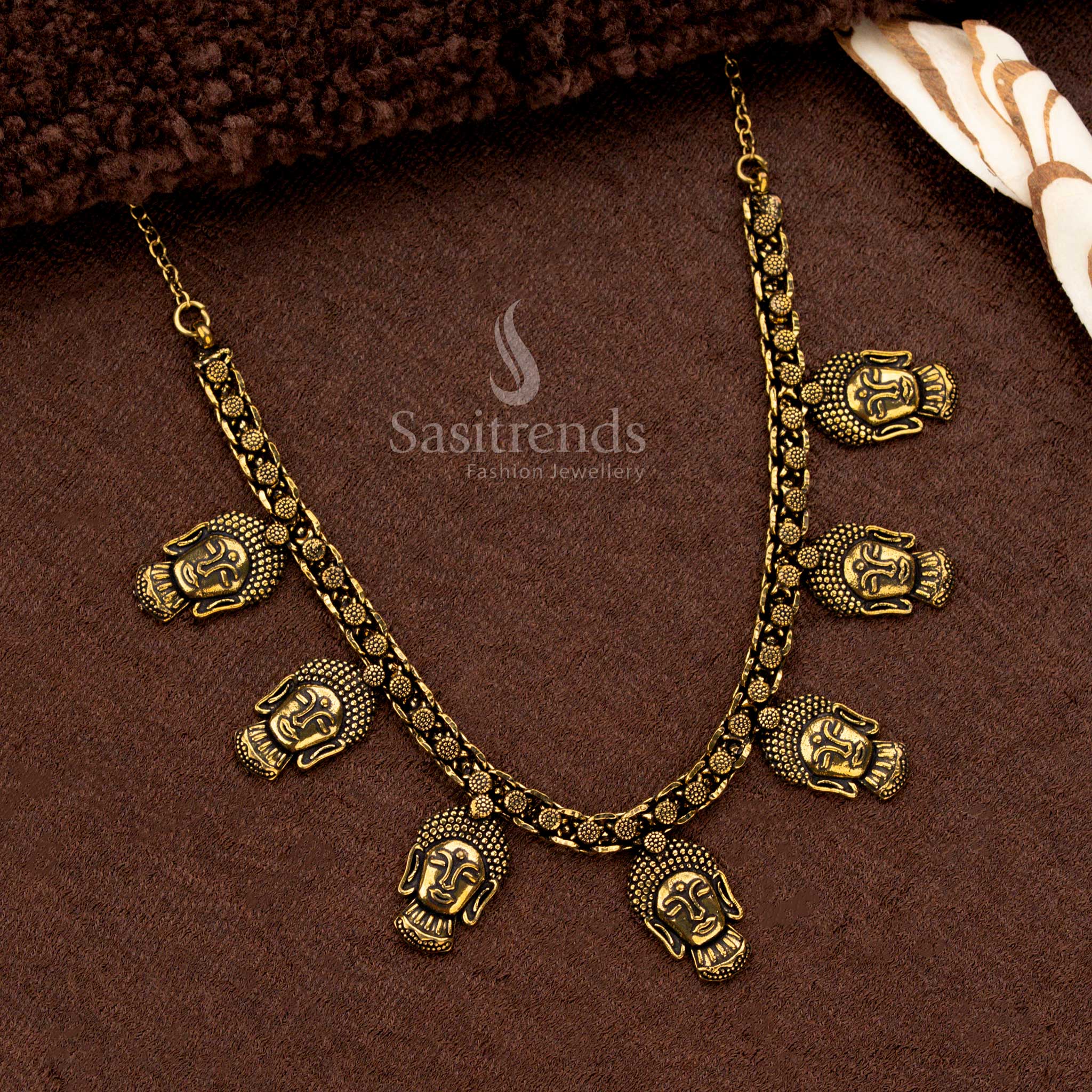 Attractive Oxidised Antique Gold Buddha Motif Necklace with Multiple Hanging Heads for Festive and Traditional Wear - Sasitrends