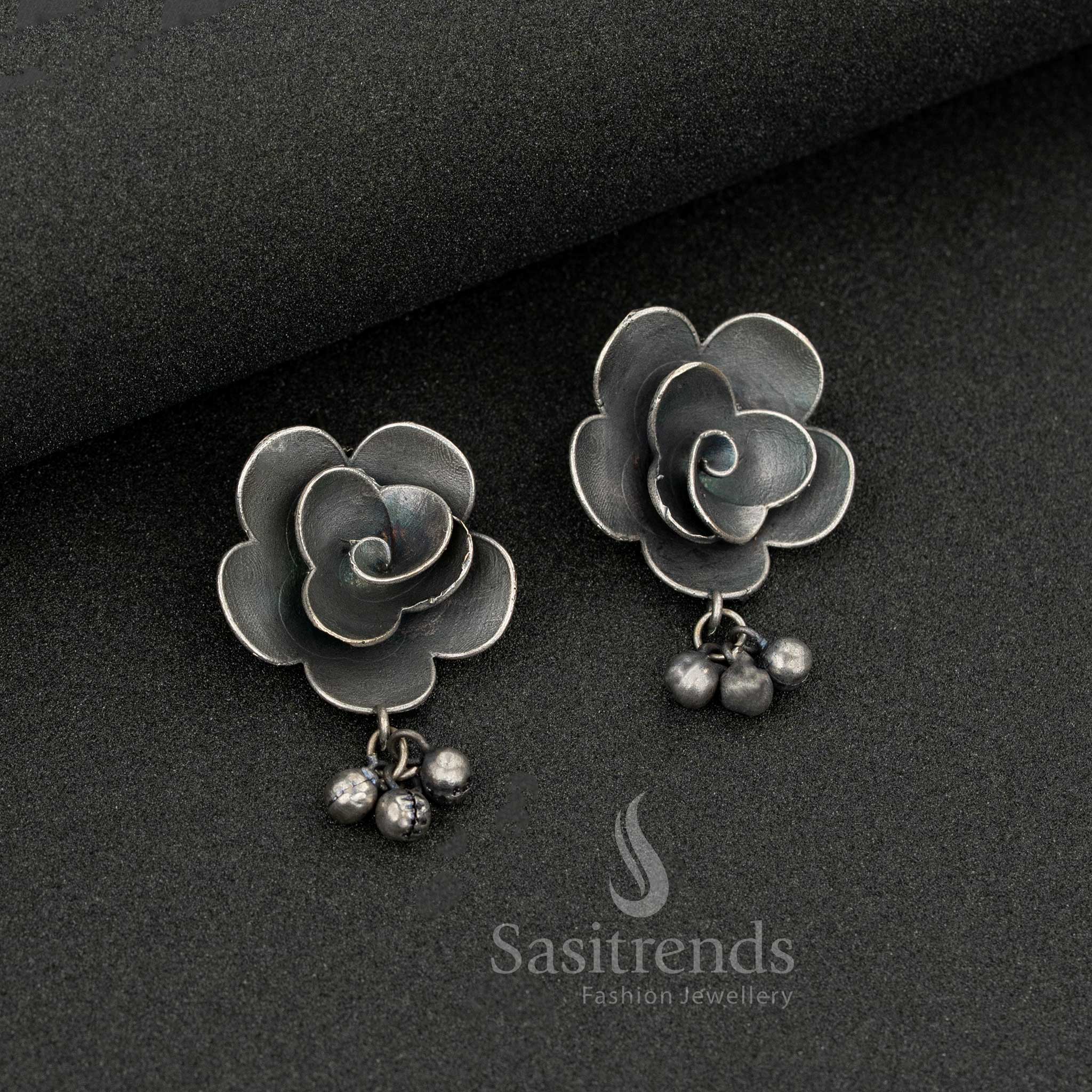 Oxidised Silver Rose Stud Earrings with Hanging Ghungroos for Casual and College Wear Fusion Style - Sasitrends