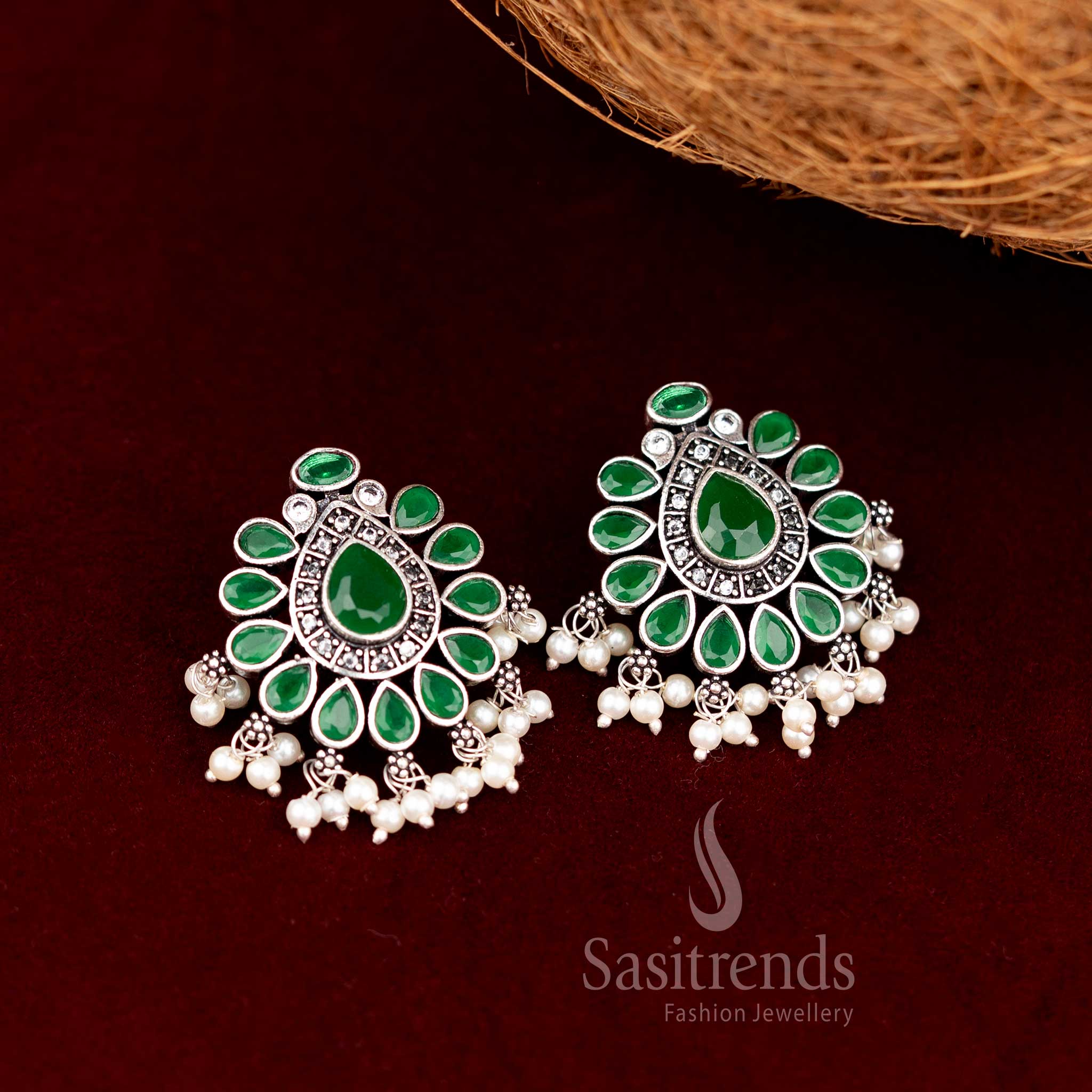 Oxidised Chandbali-Style Stud Earrings with Faceted Stones and Pearl Drops - Sasitrends - Image 3