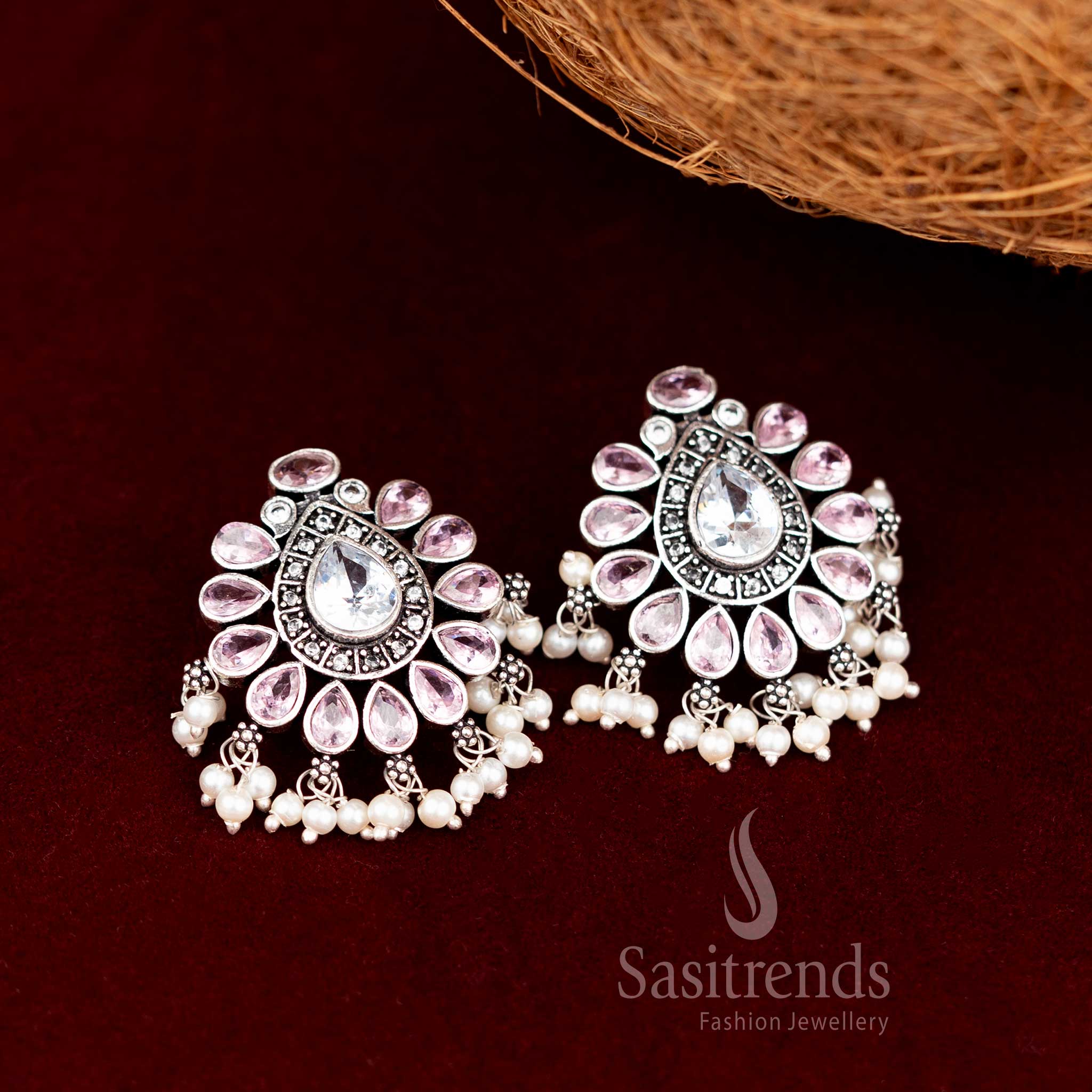 Oxidised Chandbali-Style Stud Earrings with Faceted Stones and Pearl Drops - Sasitrends - Image 6