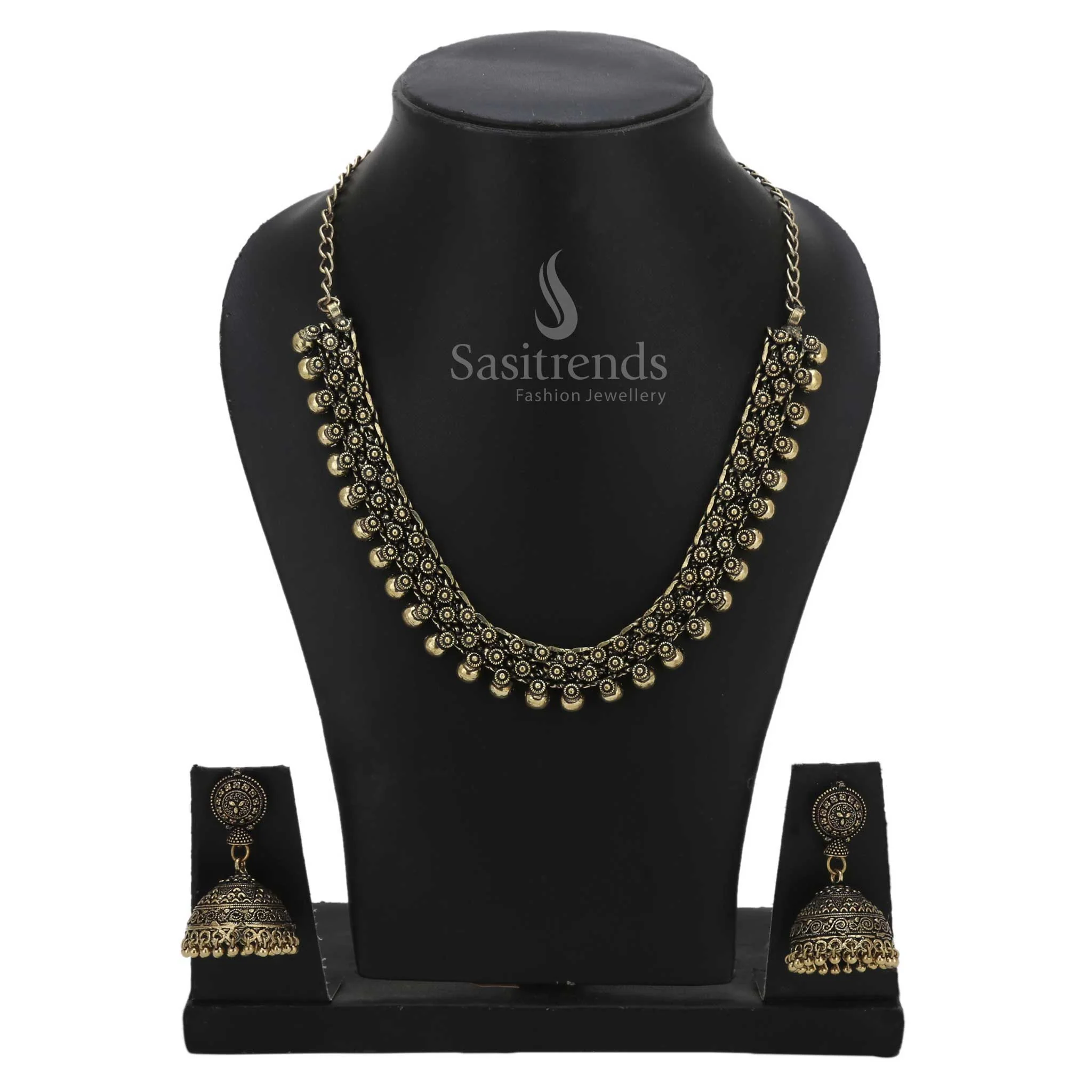 Sasitrends - Oxidised Chintaka  Short Ball Necklace Jewellery Set with Jhumka - Image 3