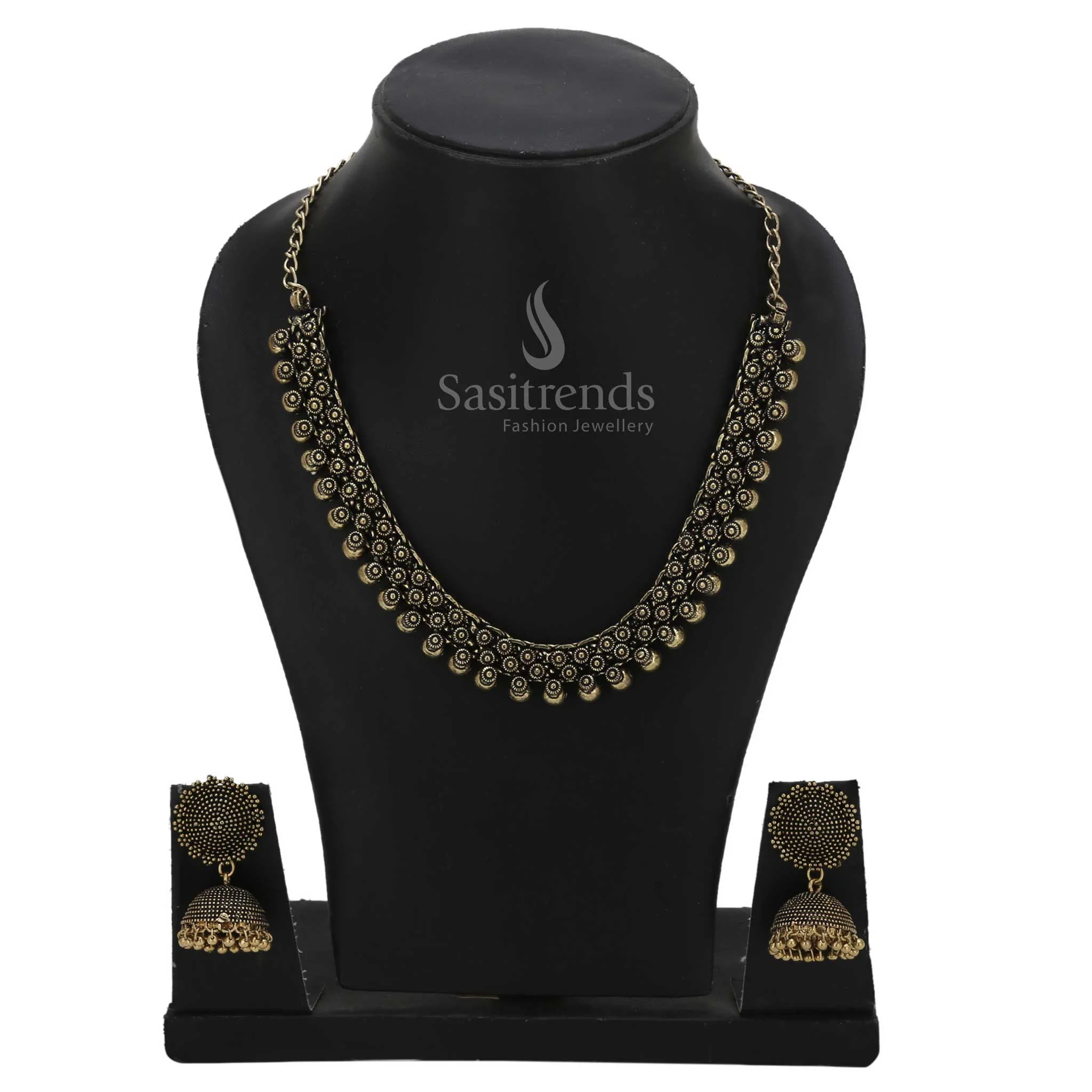 Sasitrends - Oxidised Chintaka  Short Ball Necklace Jewellery Set with Jhumka - Image 7