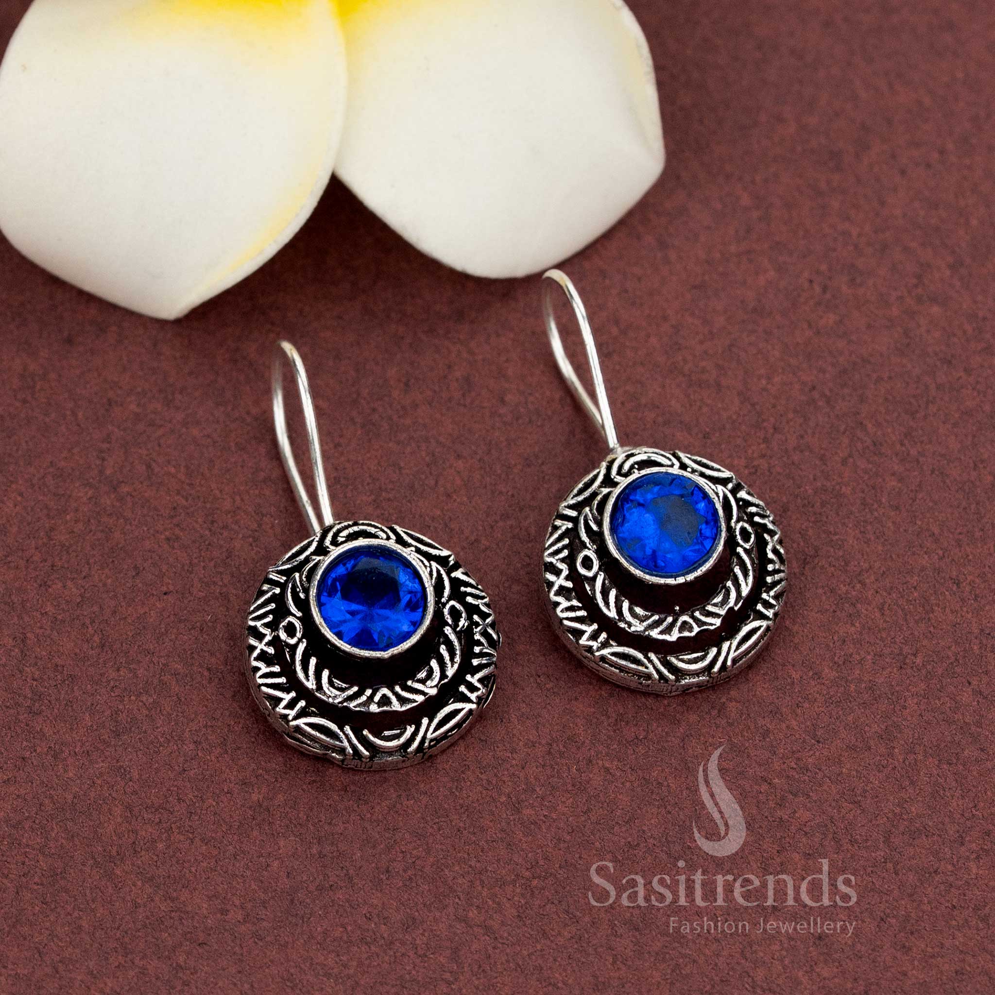 Elegant Casual Wear Oxidised Engraved Crescent Earrings with Center Natural Stone - Sasitrends - Image 2