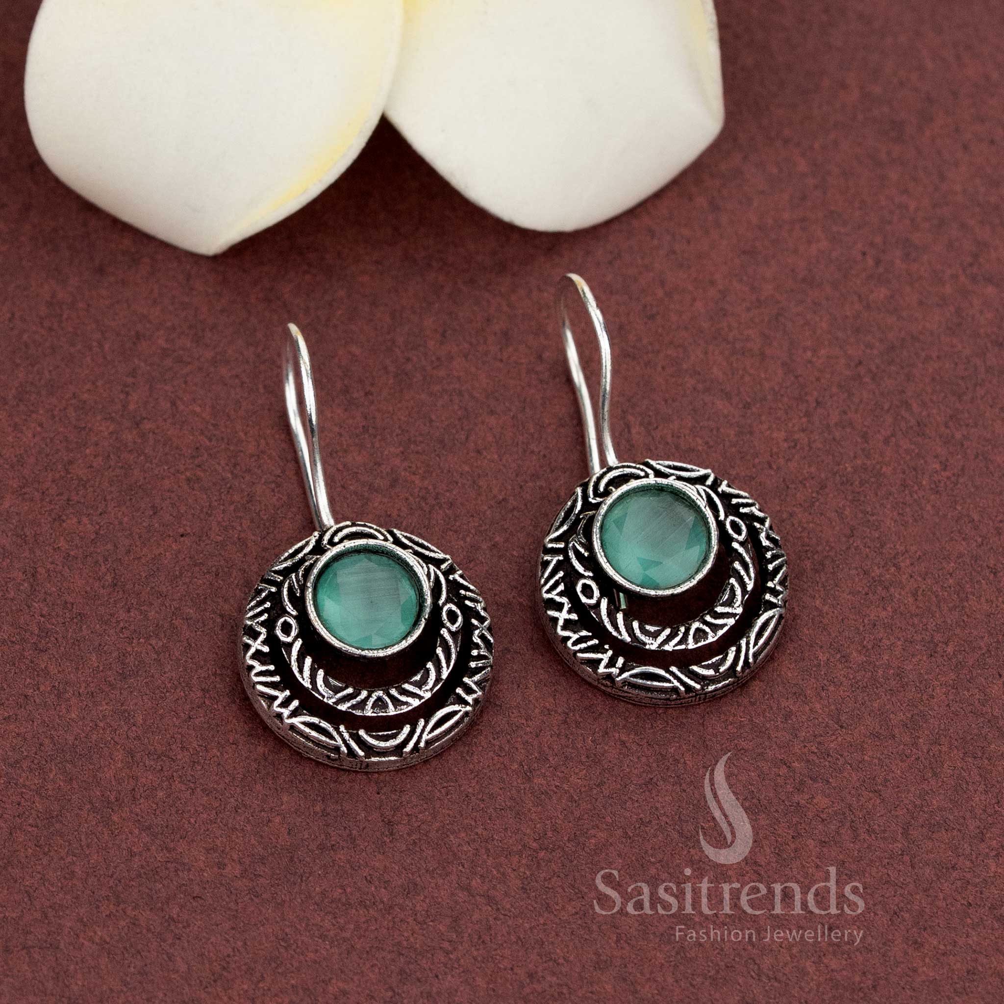 Elegant Casual Wear Oxidised Engraved Crescent Earrings with Center Natural Stone - Sasitrends - Image 7