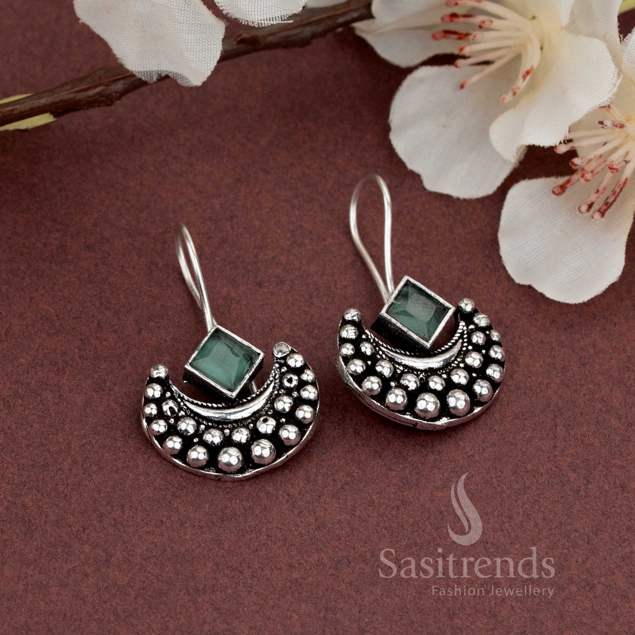 Oxidised Crescent Design Earrings with Square Natural Stone / Saisitrends - Image 6