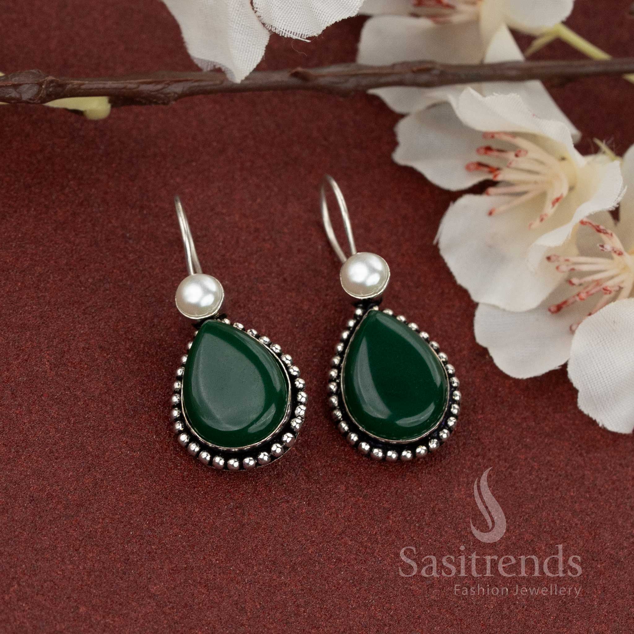 Oxidised Silver Drop Earrings with Natural Teardrop Stone and Pearl Stud For Work Wear And Ethnic Style - Sasitrends - Image 10