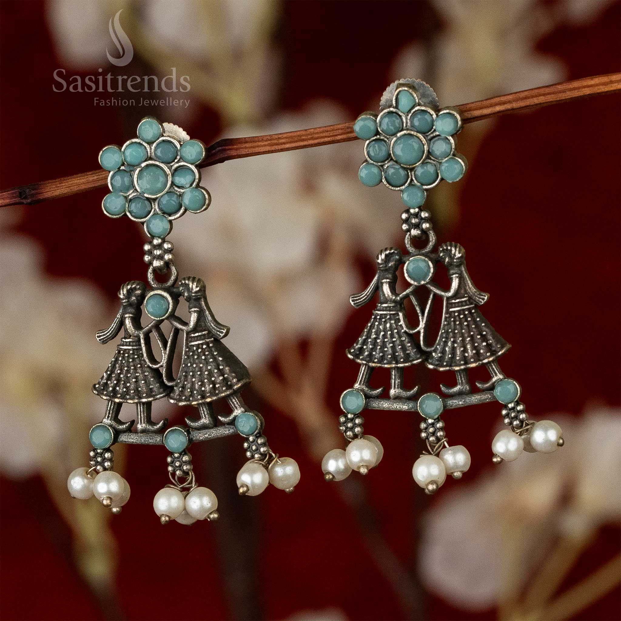 Oxidised Silver-Look Dulha-Dulhan Earrings with Stones Cluster and Pearls - Sasitrends