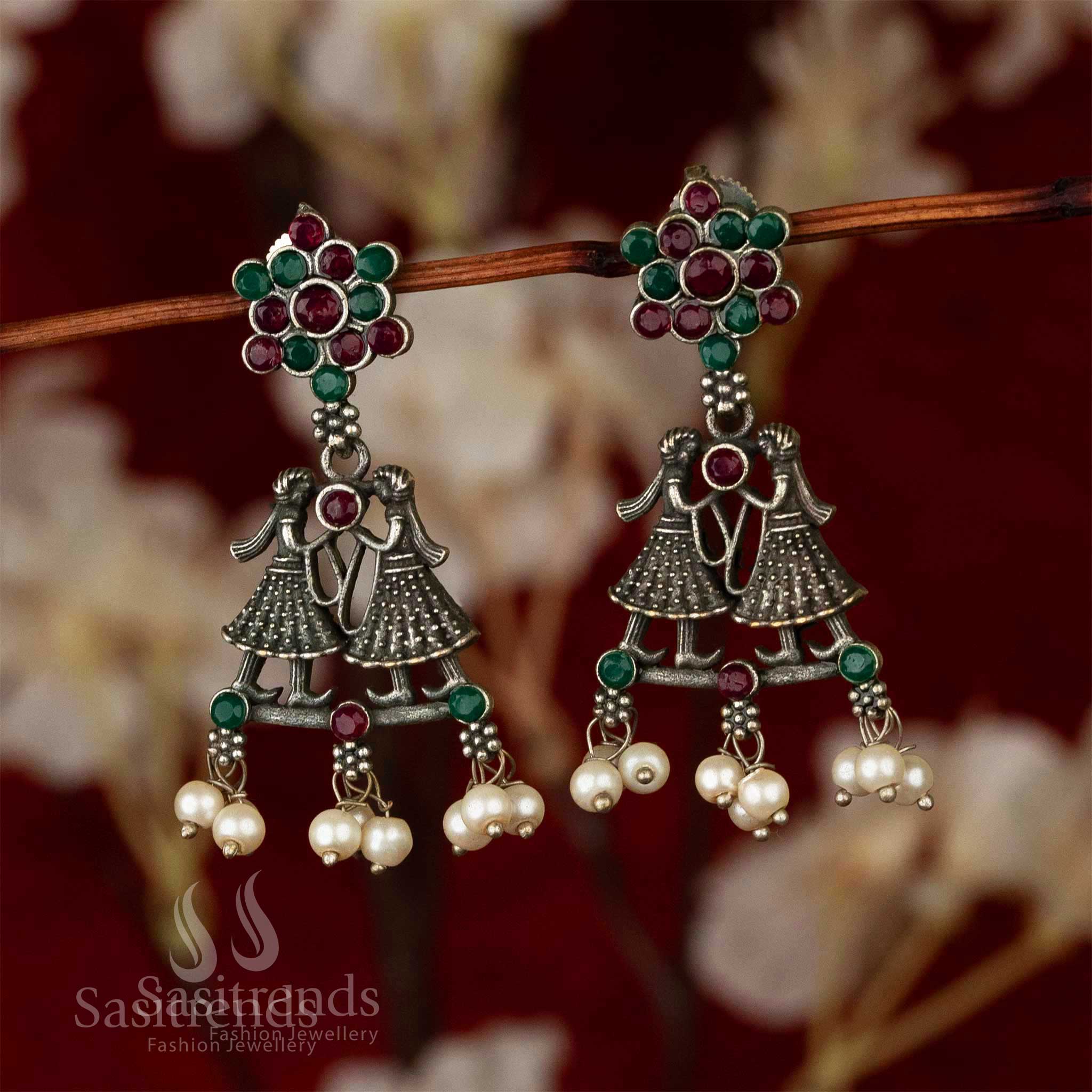 Oxidised Silver-Look Dulha-Dulhan Earrings with Stones Cluster and Pearls - Sasitrends - Image 2
