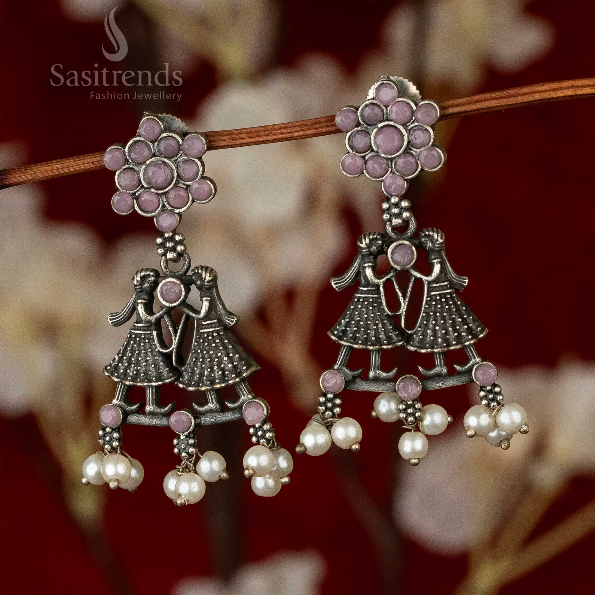 Oxidised Silver-Look Dulha-Dulhan Earrings with Stones Cluster and Pearls - Sasitrends - Image 3