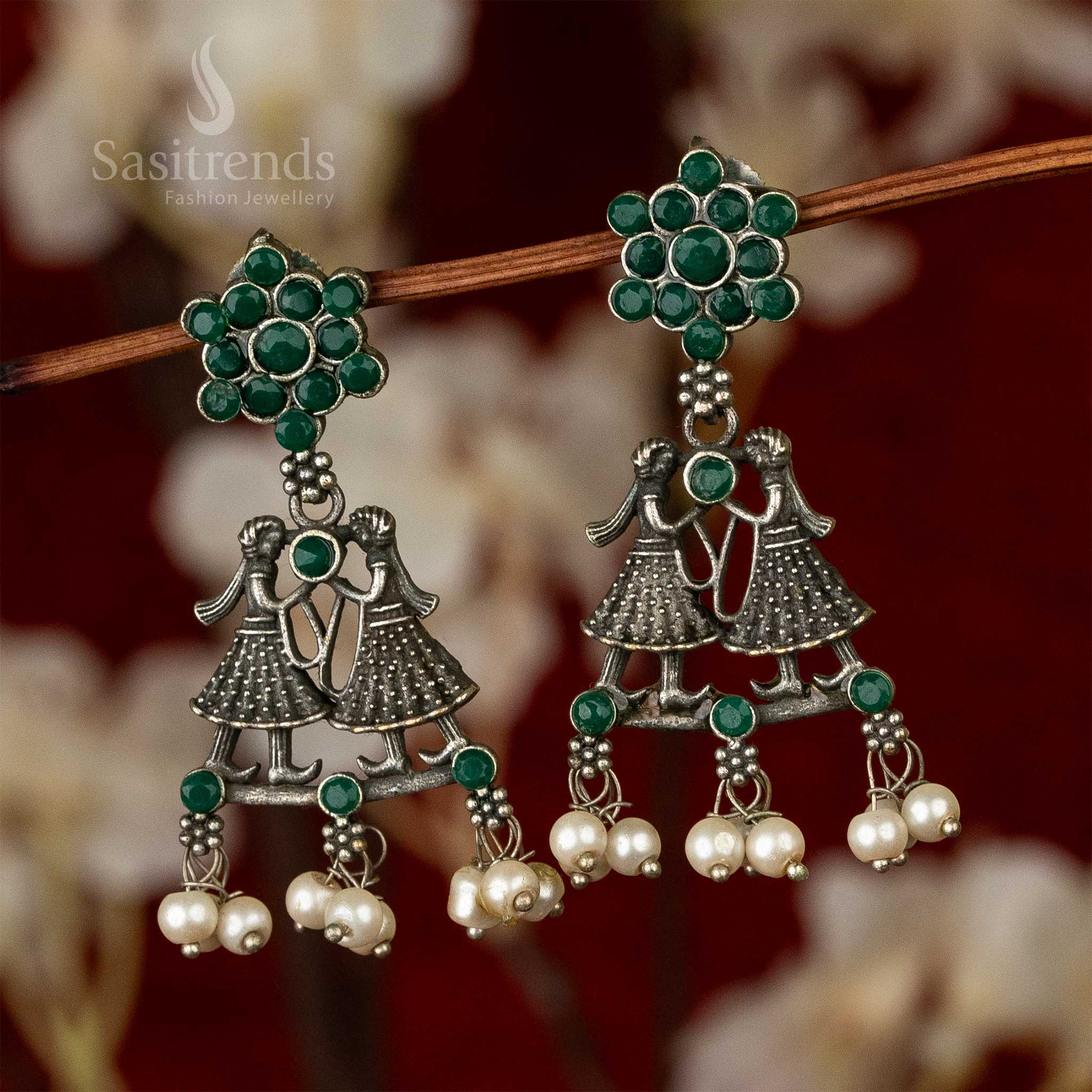 Oxidised Silver-Look Dulha-Dulhan Earrings with Stones Cluster and Pearls - Sasitrends - Image 4